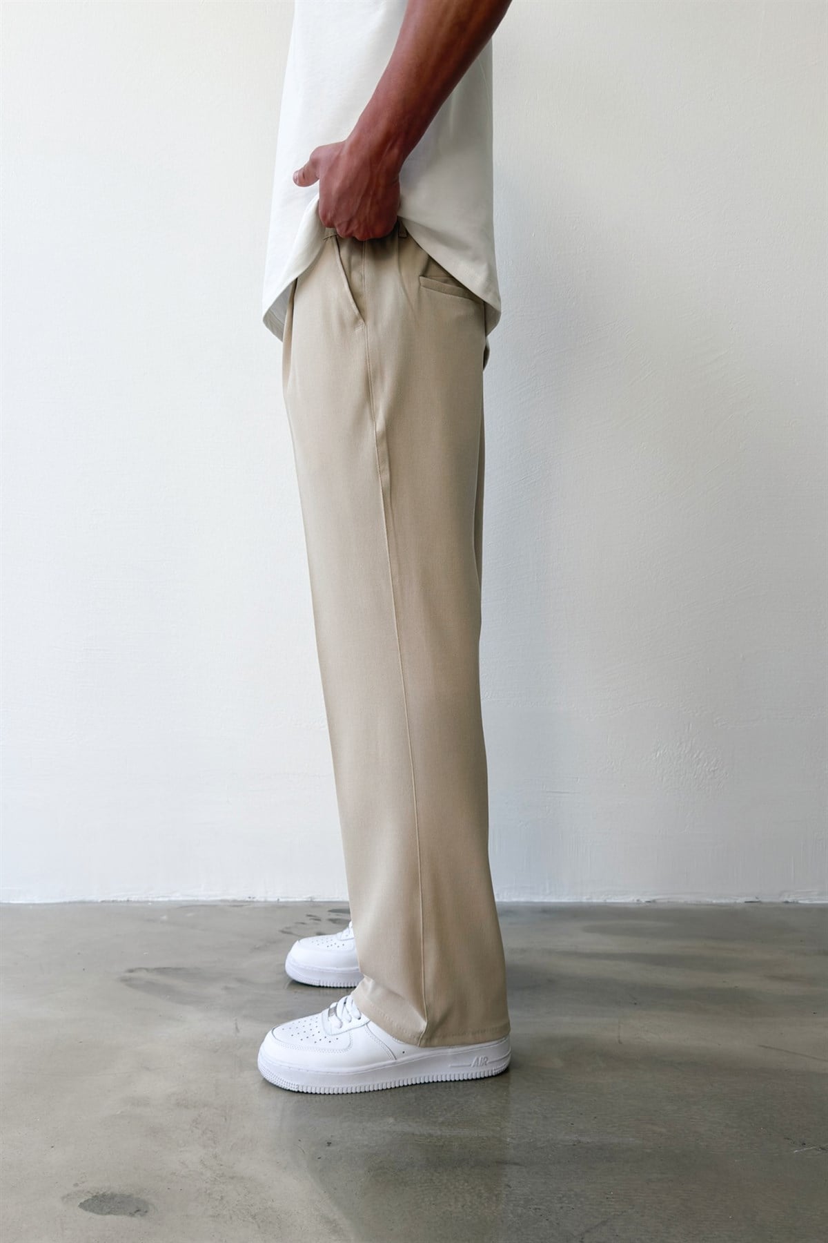 Pileli Baggy Fit Kumaş Bej Pantolon