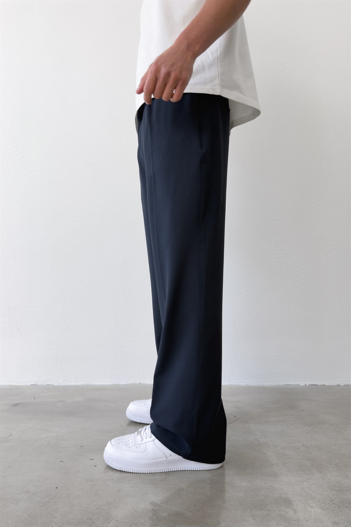 Pileli Baggy Fit Kumaş Lacivert Pantolon