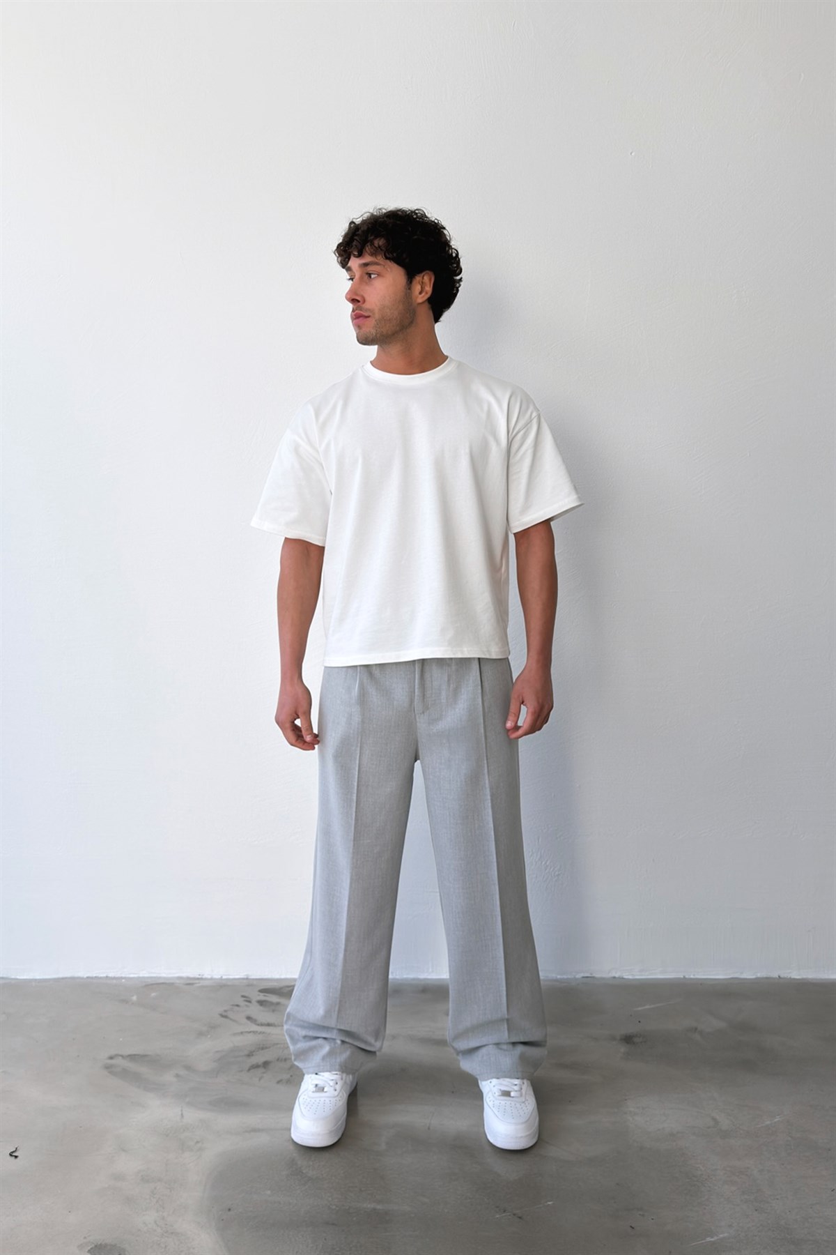 Pileli Baggy Fit Kumaş Gri Pantolon