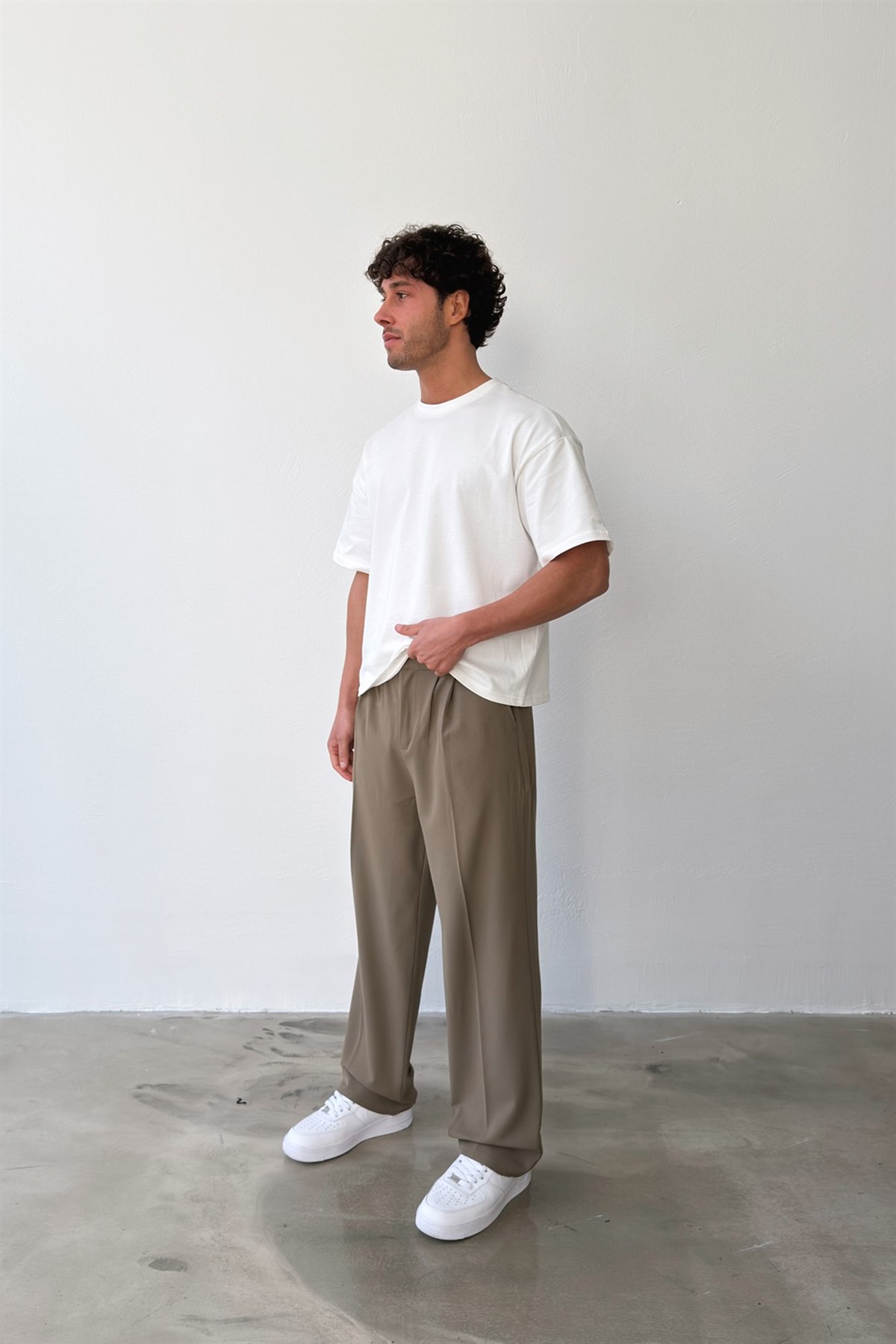Pileli Baggy Fit Kumaş Haki Pantolon