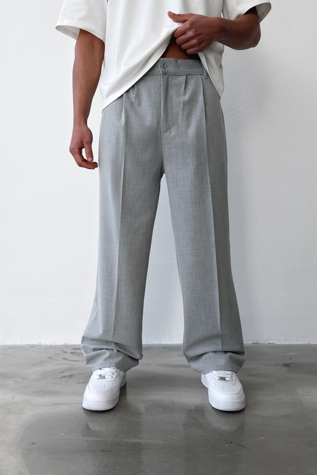 Pileli Baggy Fit Kumaş Gri Pantolon