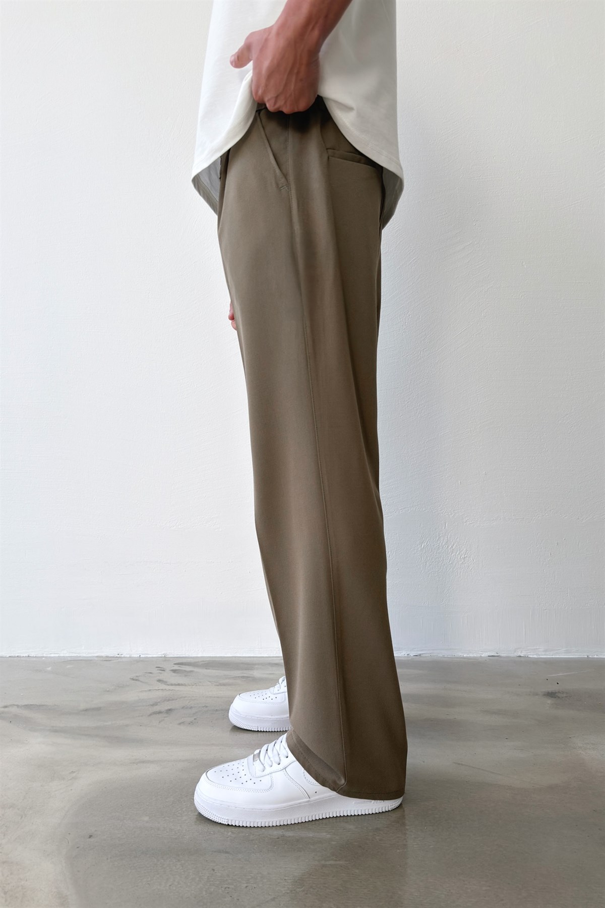 Pileli Baggy Fit Kumaş Haki Pantolon