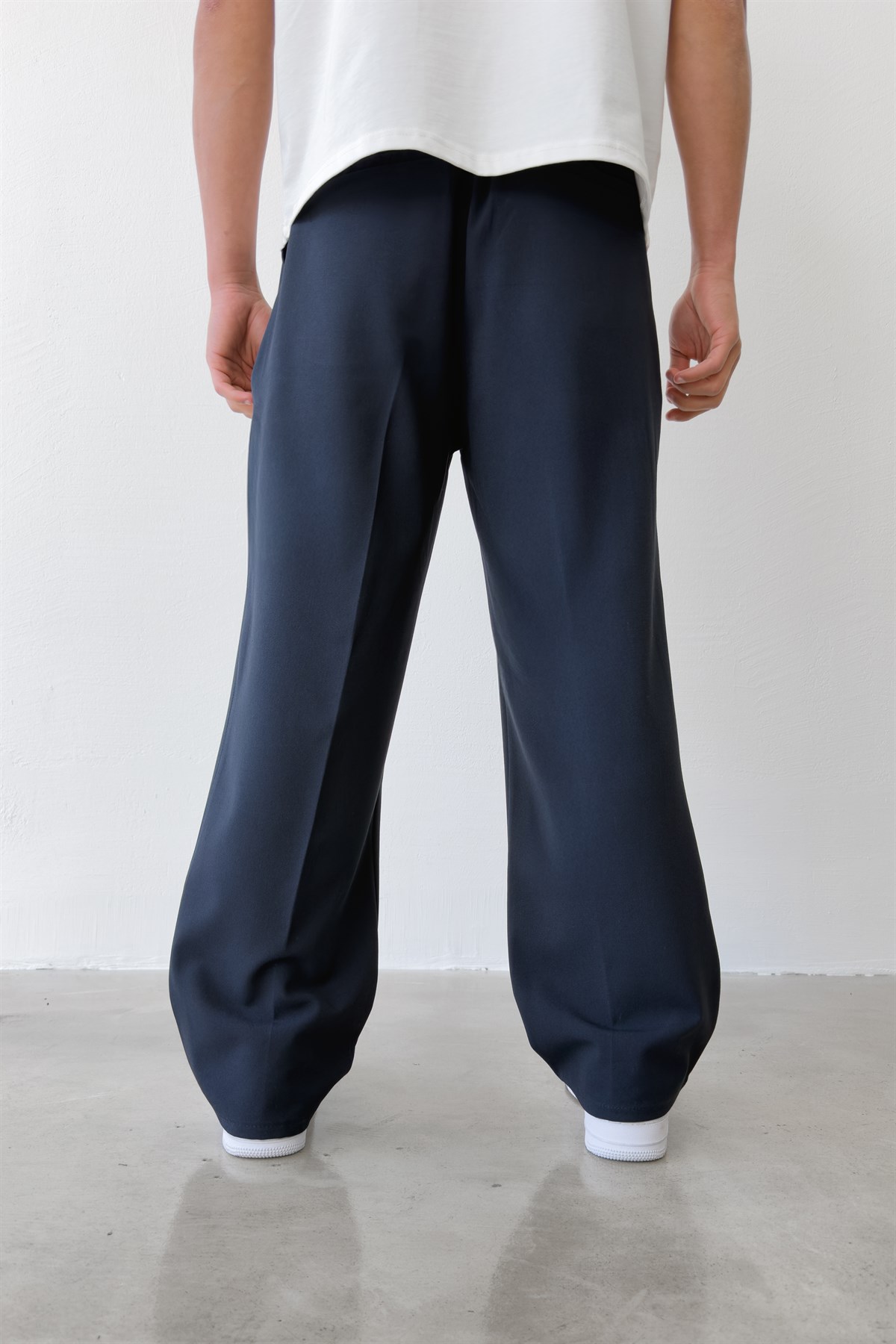 Pileli Baggy Fit Kumaş Lacivert Pantolon