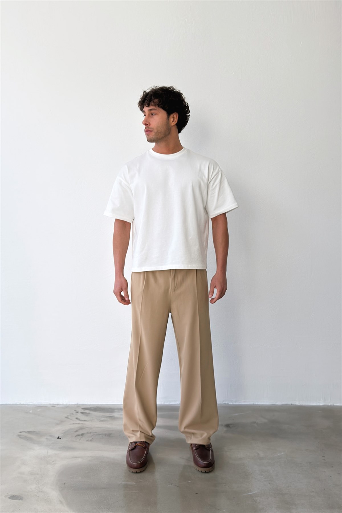Pileli Baggy Fit Kumaş Vizon Pantolon