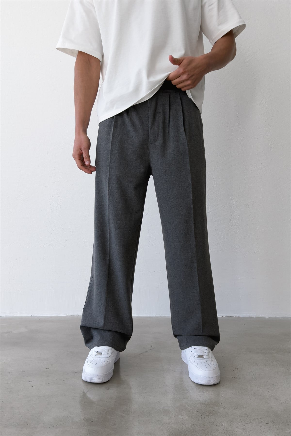 Pileli Baggy Fit Kumaş Koyu Gri Pantolon