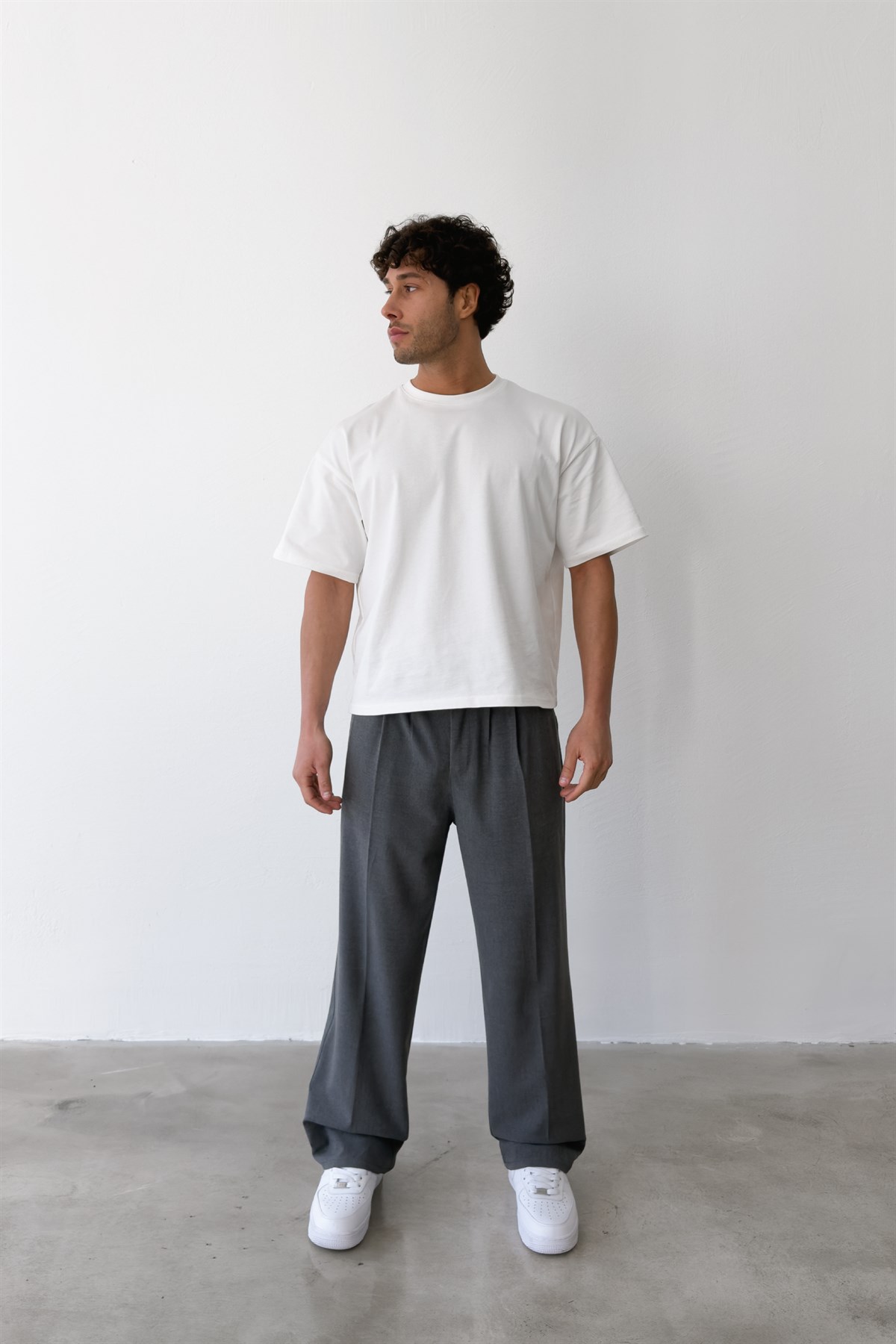 Pileli Baggy Fit Kumaş Koyu Gri Pantolon