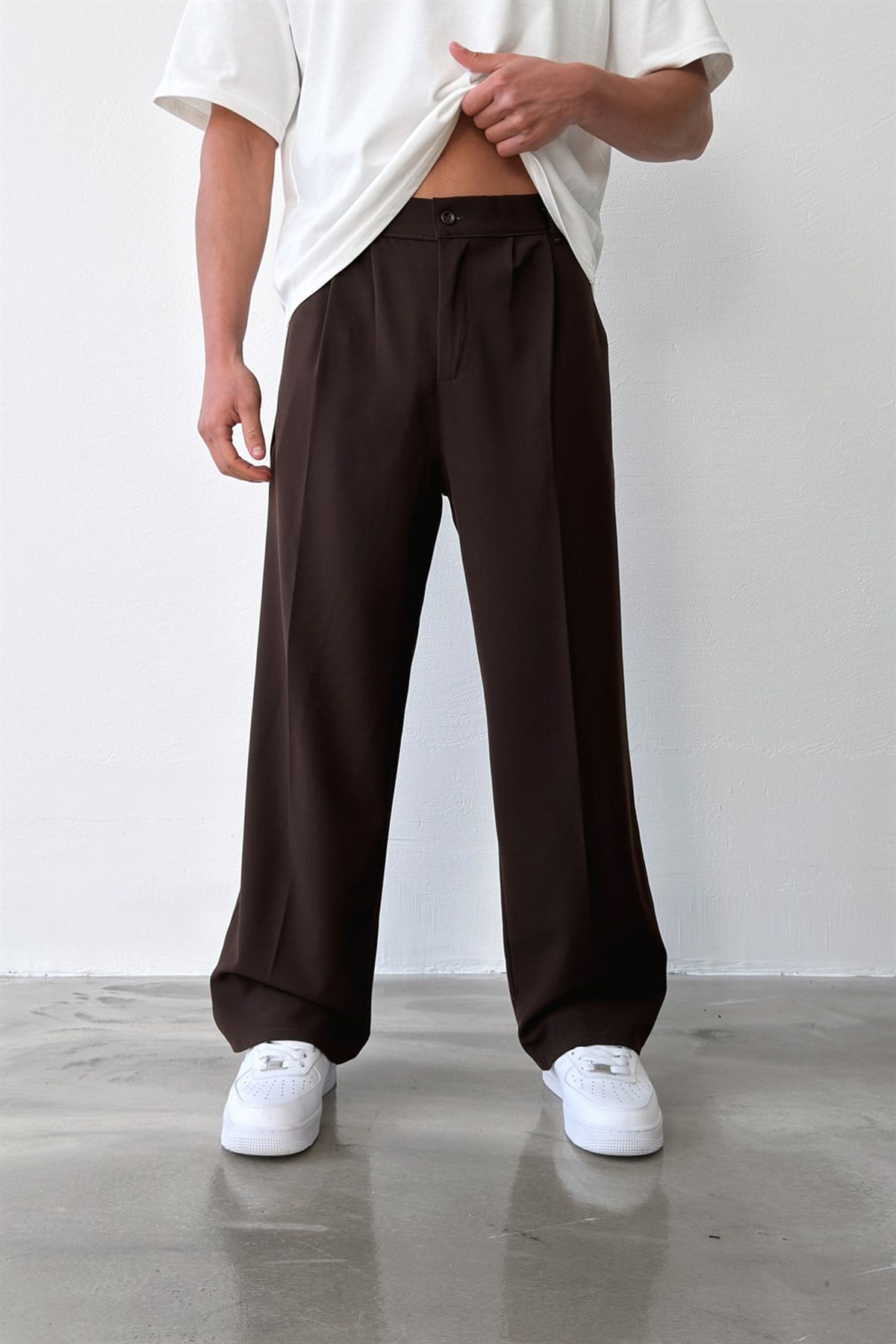 Pileli Baggy Fit Kumaş Kahverengi Pantolon