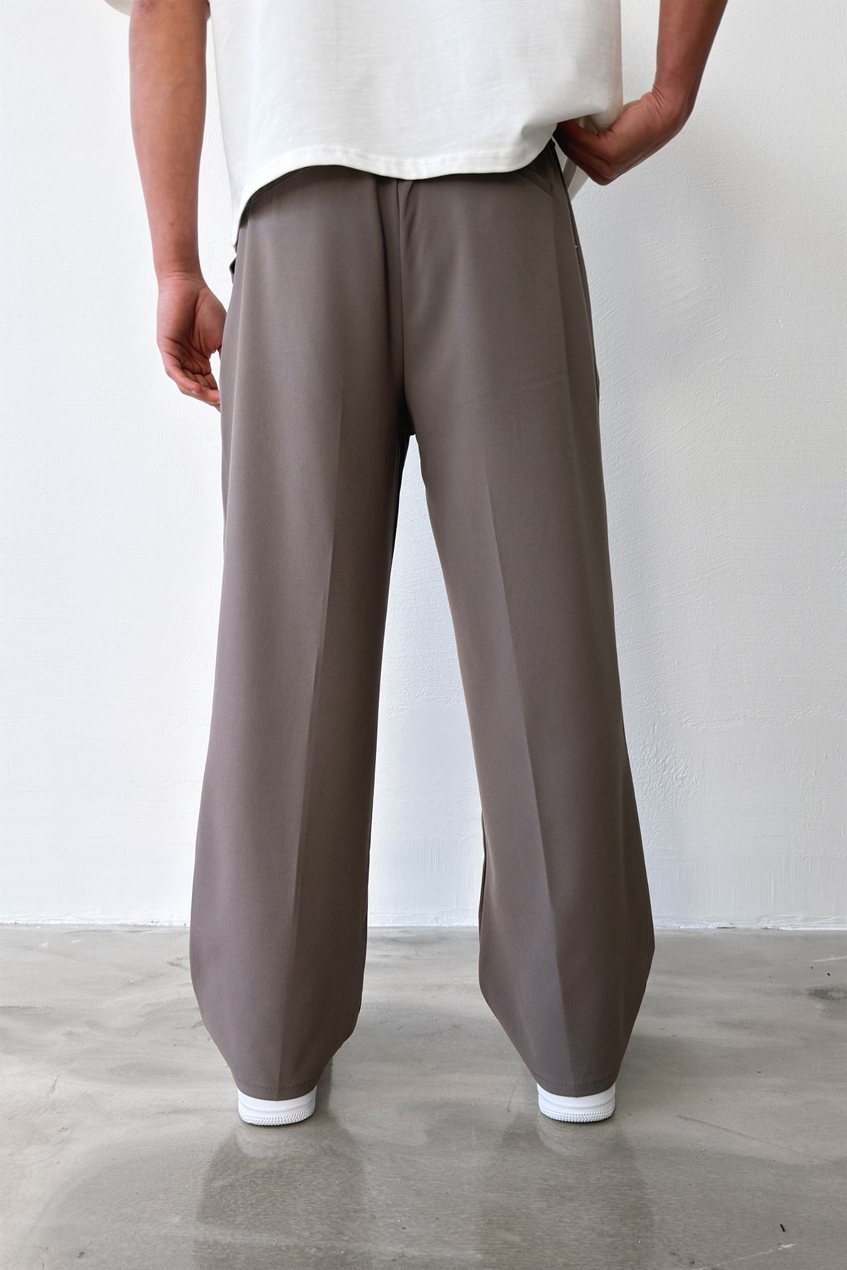 Pileli Baggy Fit Kumaş Füme Pantolon