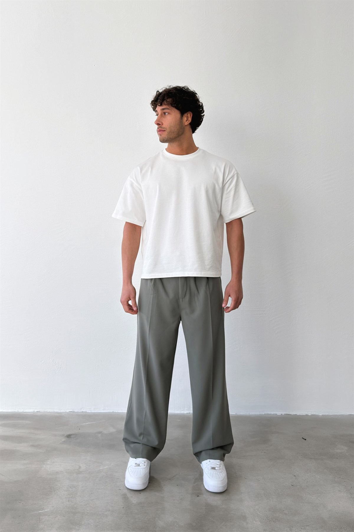 Pileli Baggy Fit Kumaş Açık Yeşil Pantolon