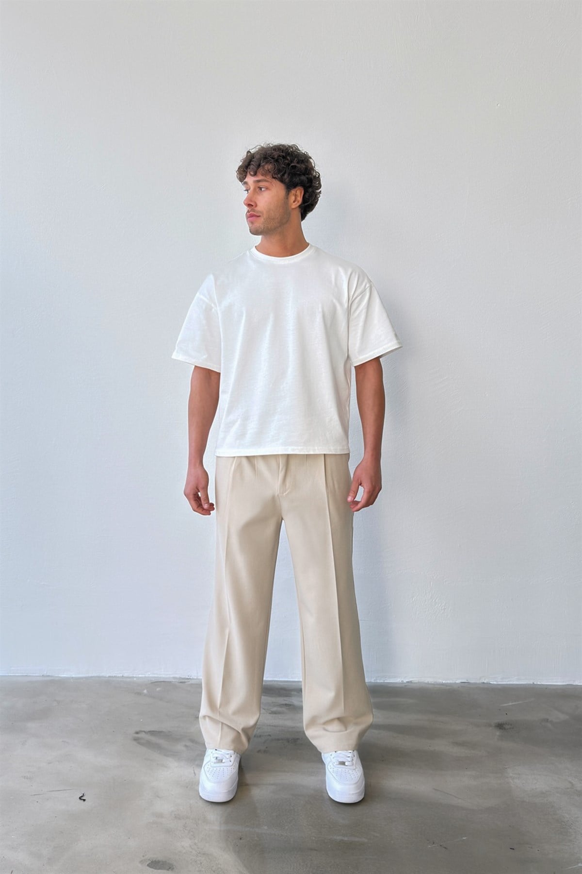 Pileli Baggy Fit Kumaş Bej Pantolon