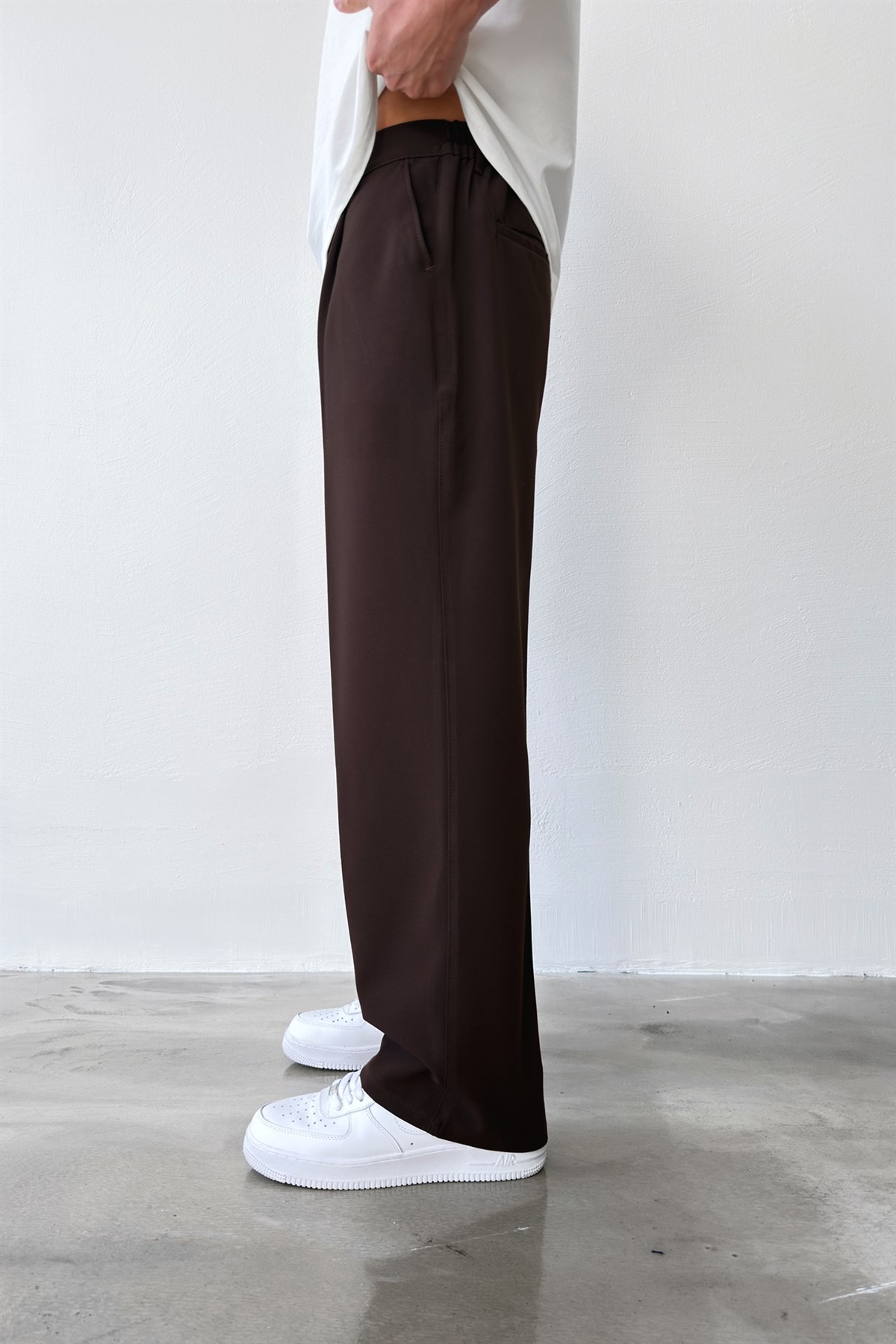 Pileli Baggy Fit Kumaş Kahverengi Pantolon