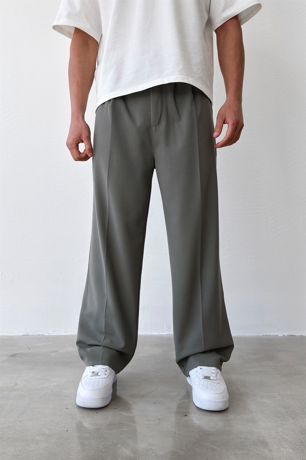 Pileli Baggy Fit Kumaş Açık Yeşil Pantolon