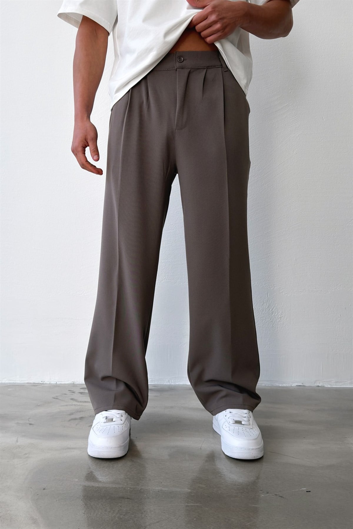 Pileli Baggy Fit Kumaş Füme Pantolon