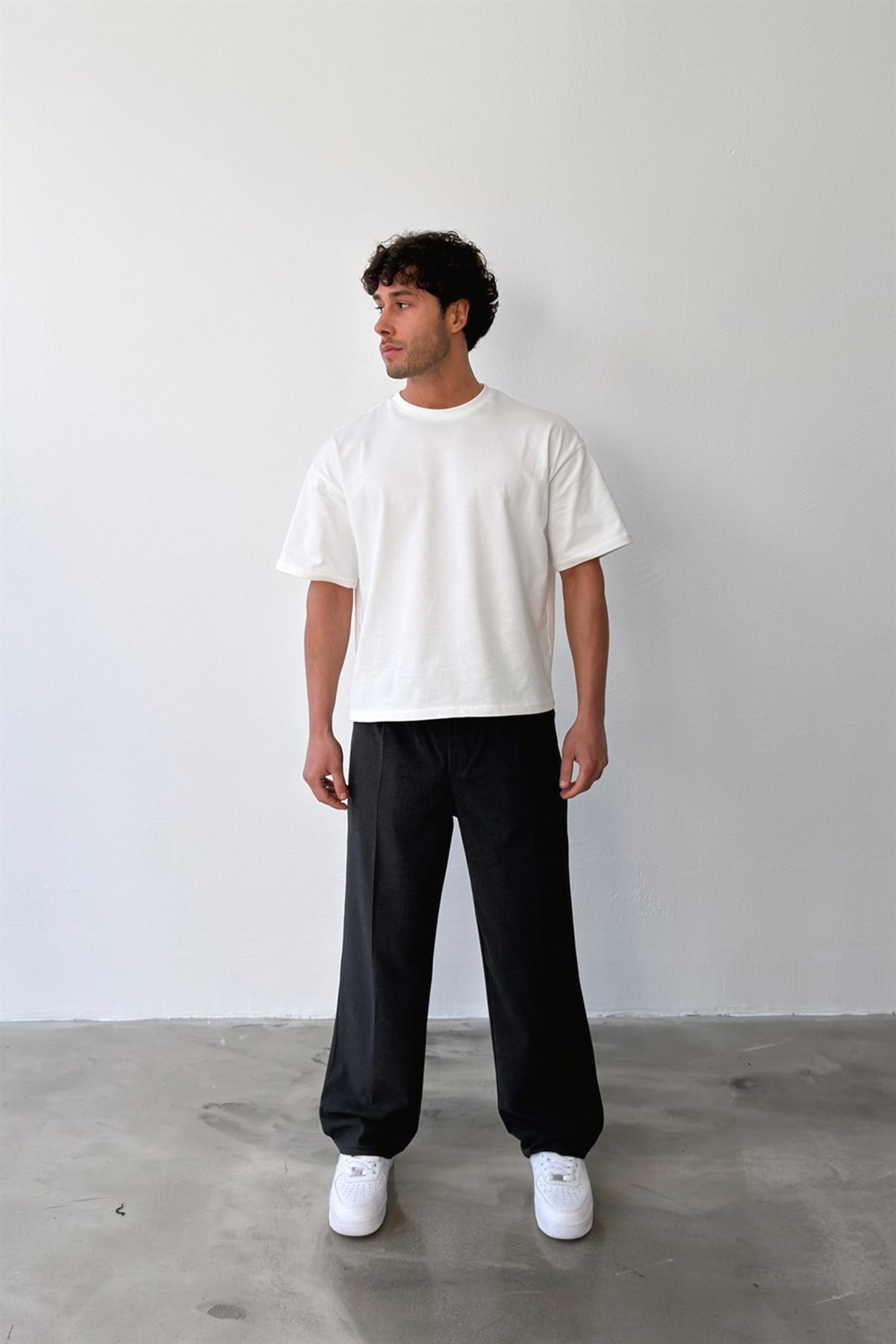 Pileli Baggy Fit Kumaş Antrasit Pantolon
