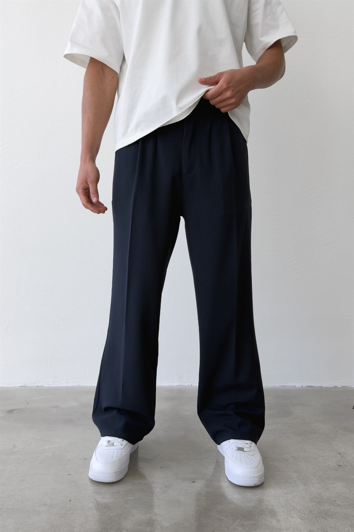 Pileli Baggy Fit Kumaş Lacivert Pantolon