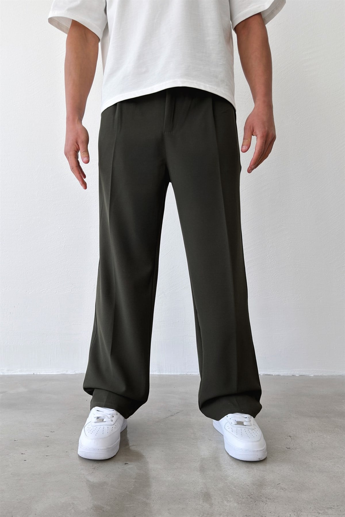 Pileli Baggy Fit Kumaş Yeşil Pantolon