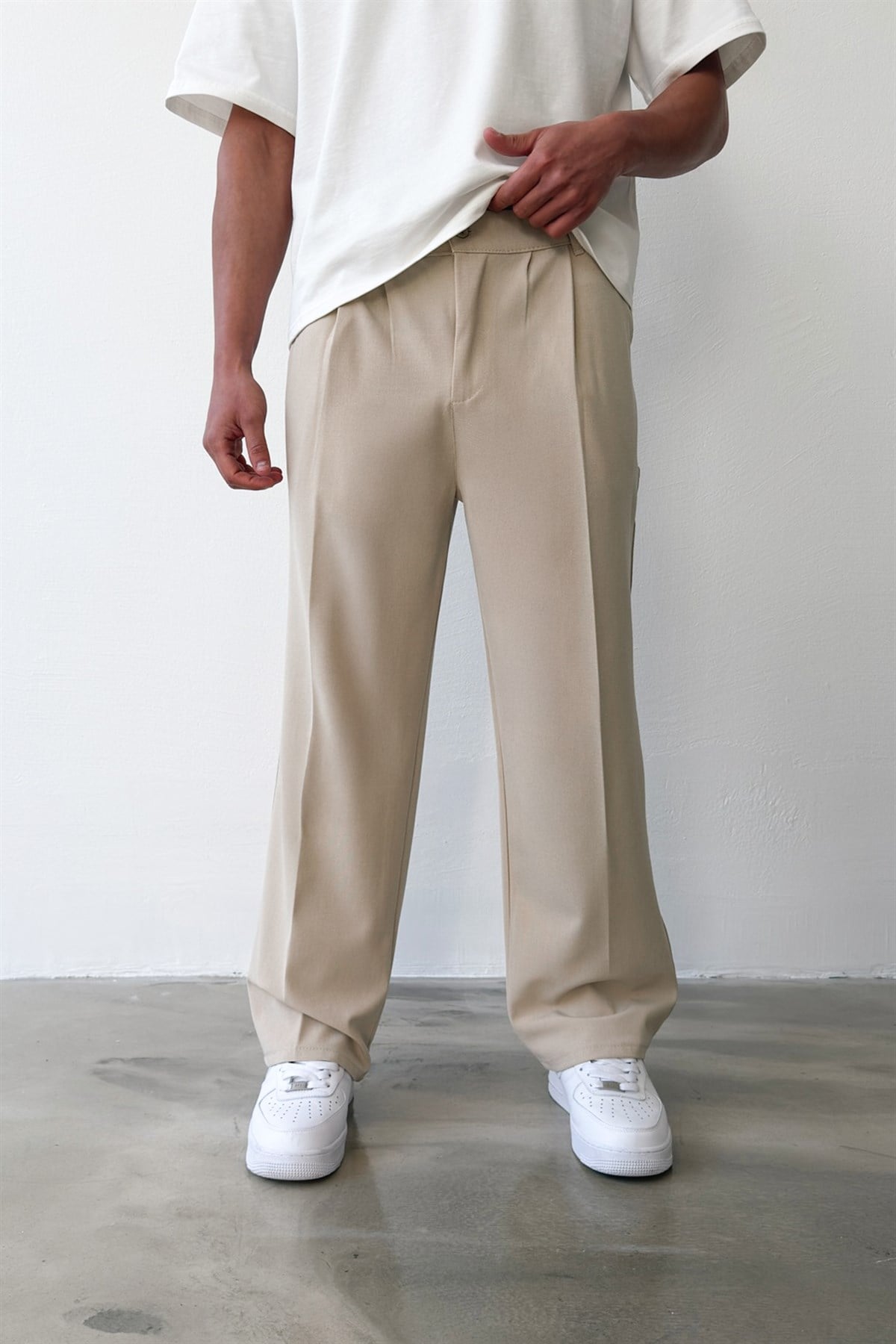 Pileli Baggy Fit Kumaş Bej Pantolon