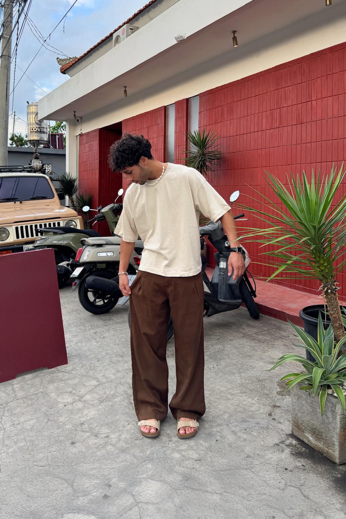 Pileli Gabardin Pantolon Kahverengi