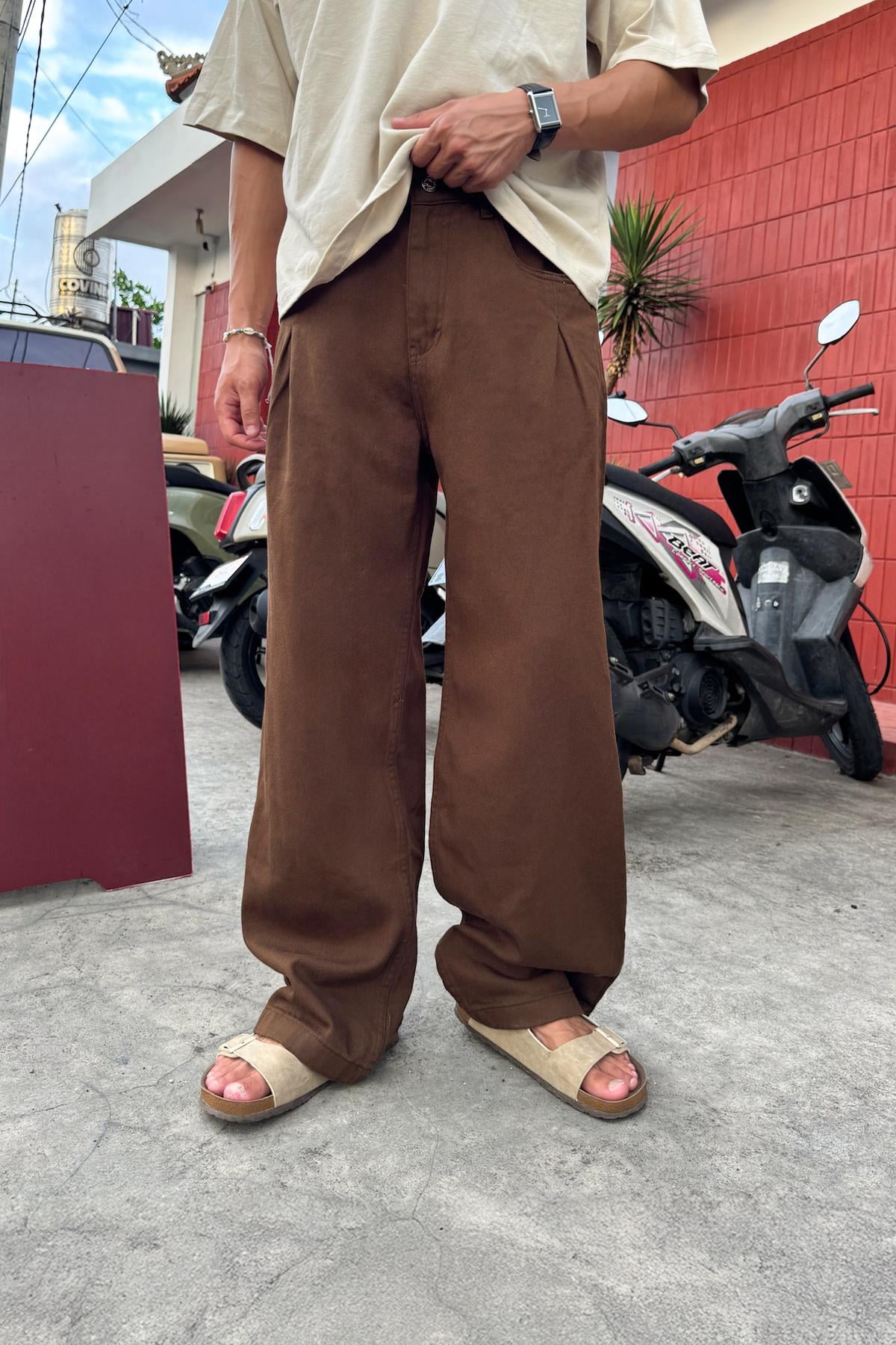 Pileli Gabardin Pantolon Kahverengi