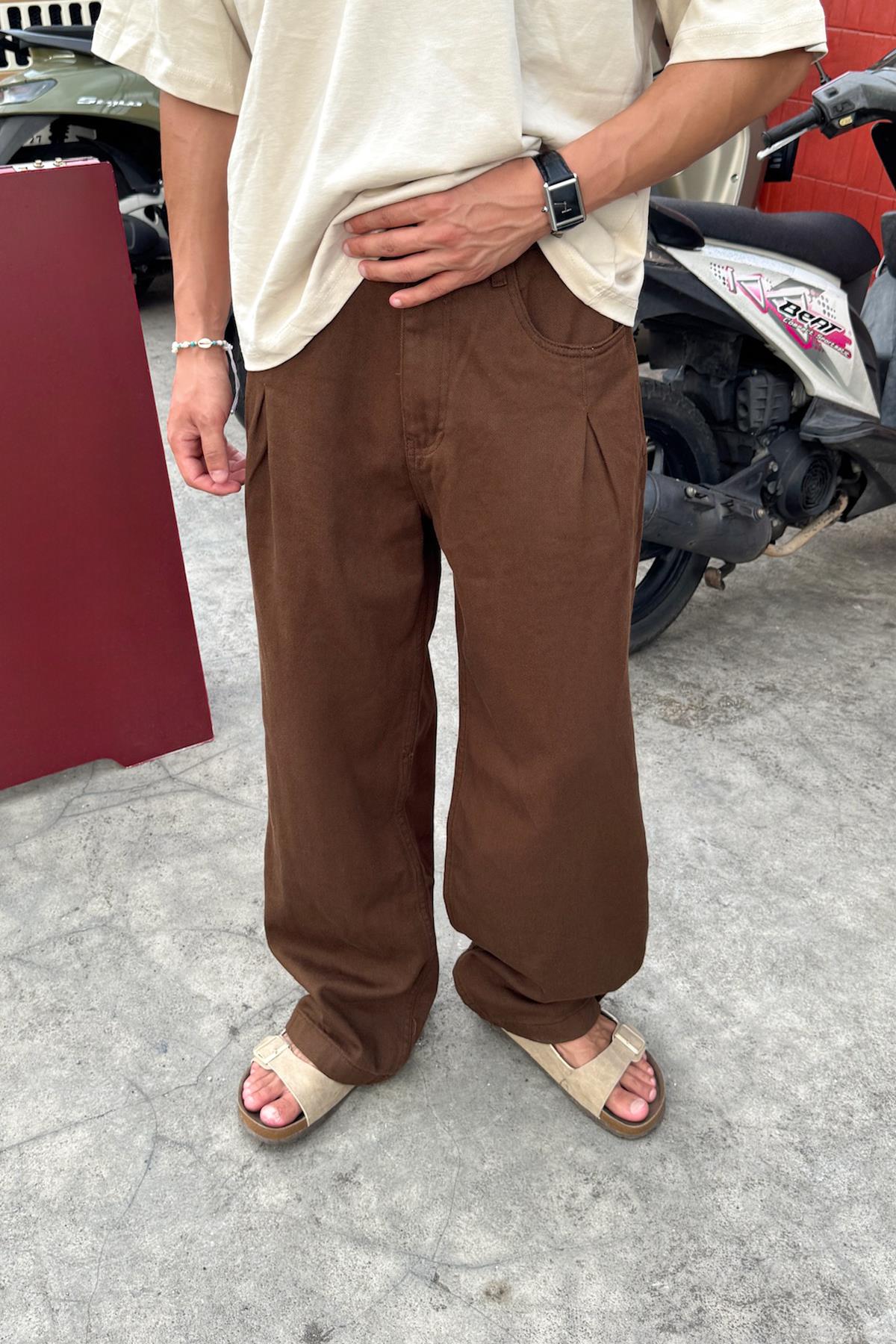 Pileli Gabardin Pantolon Kahverengi