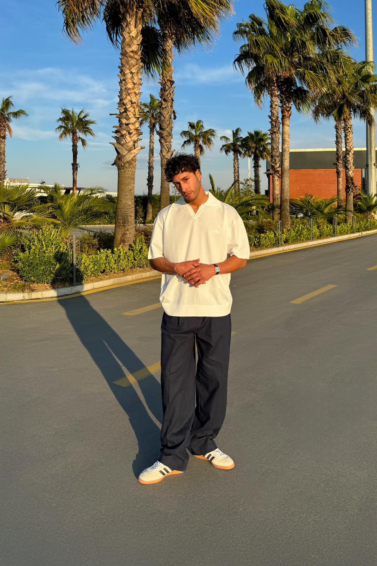 Pileli Keten Pantolon Lacivert