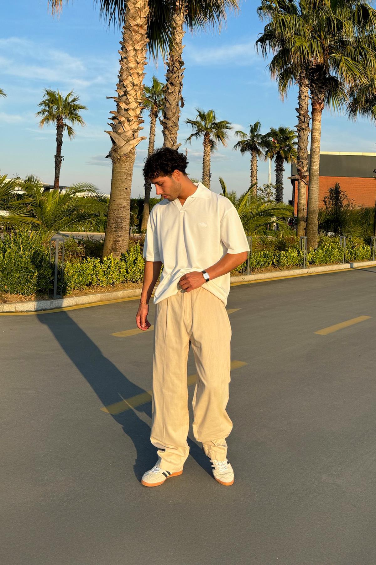 Pileli Keten Pantolon Bej