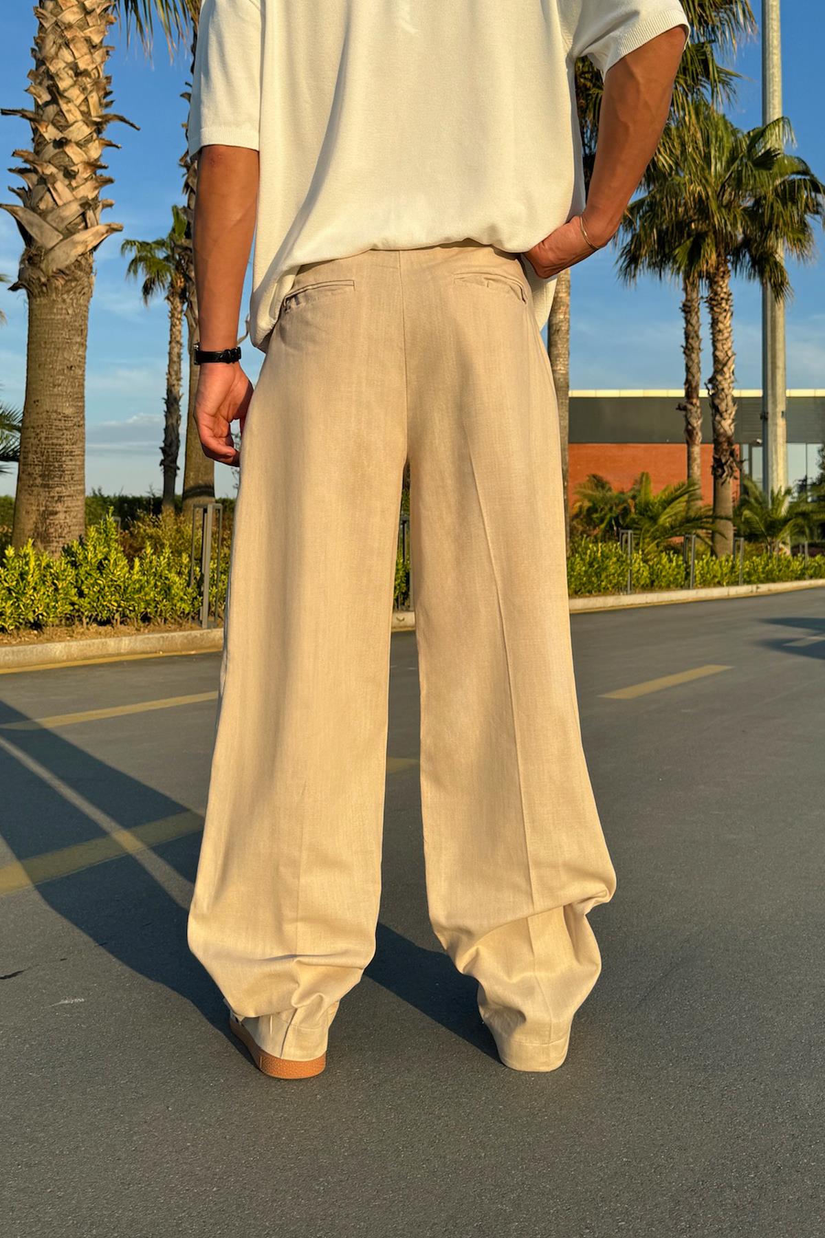 Pileli Keten Pantolon Bej