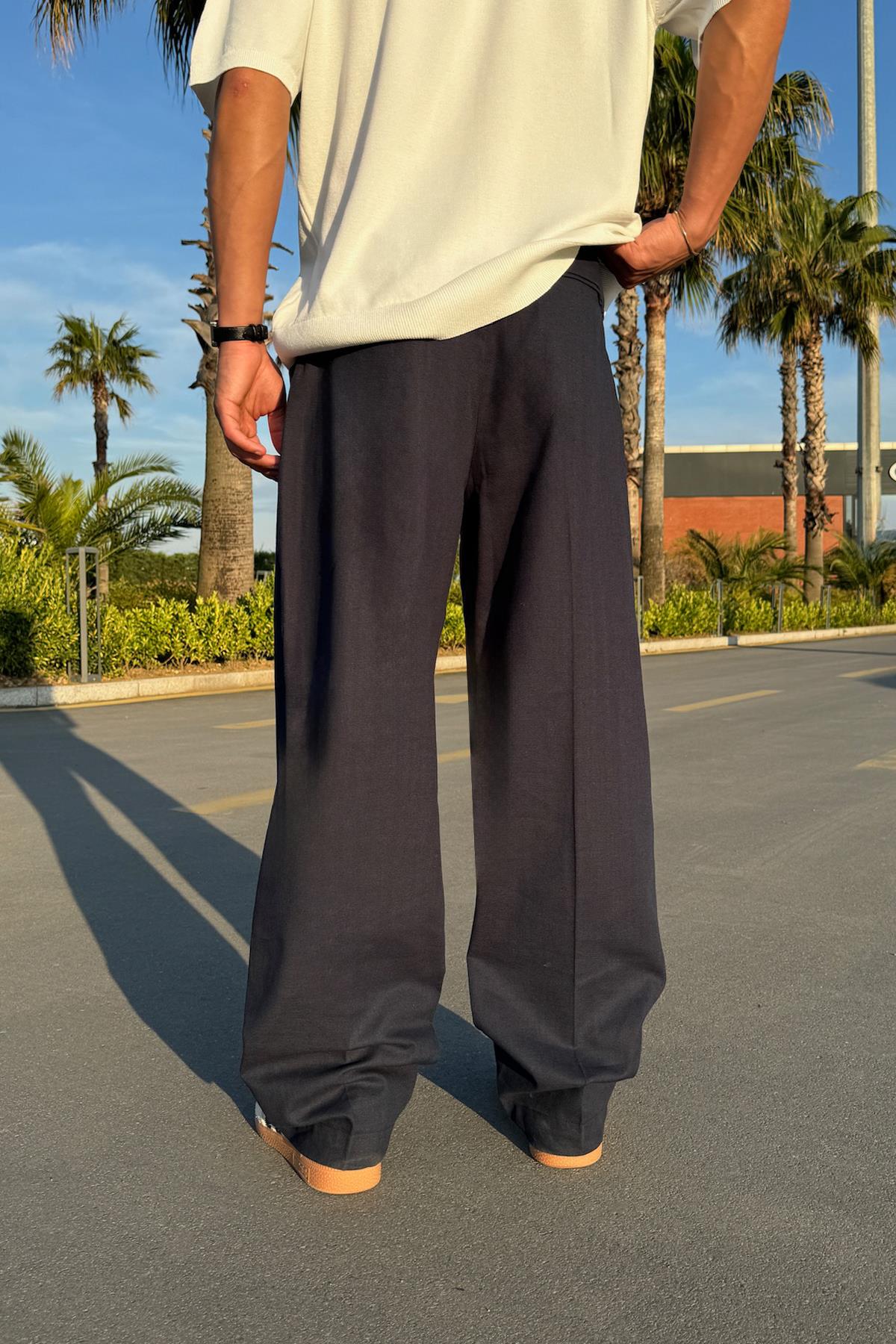 Pileli Keten Pantolon Lacivert