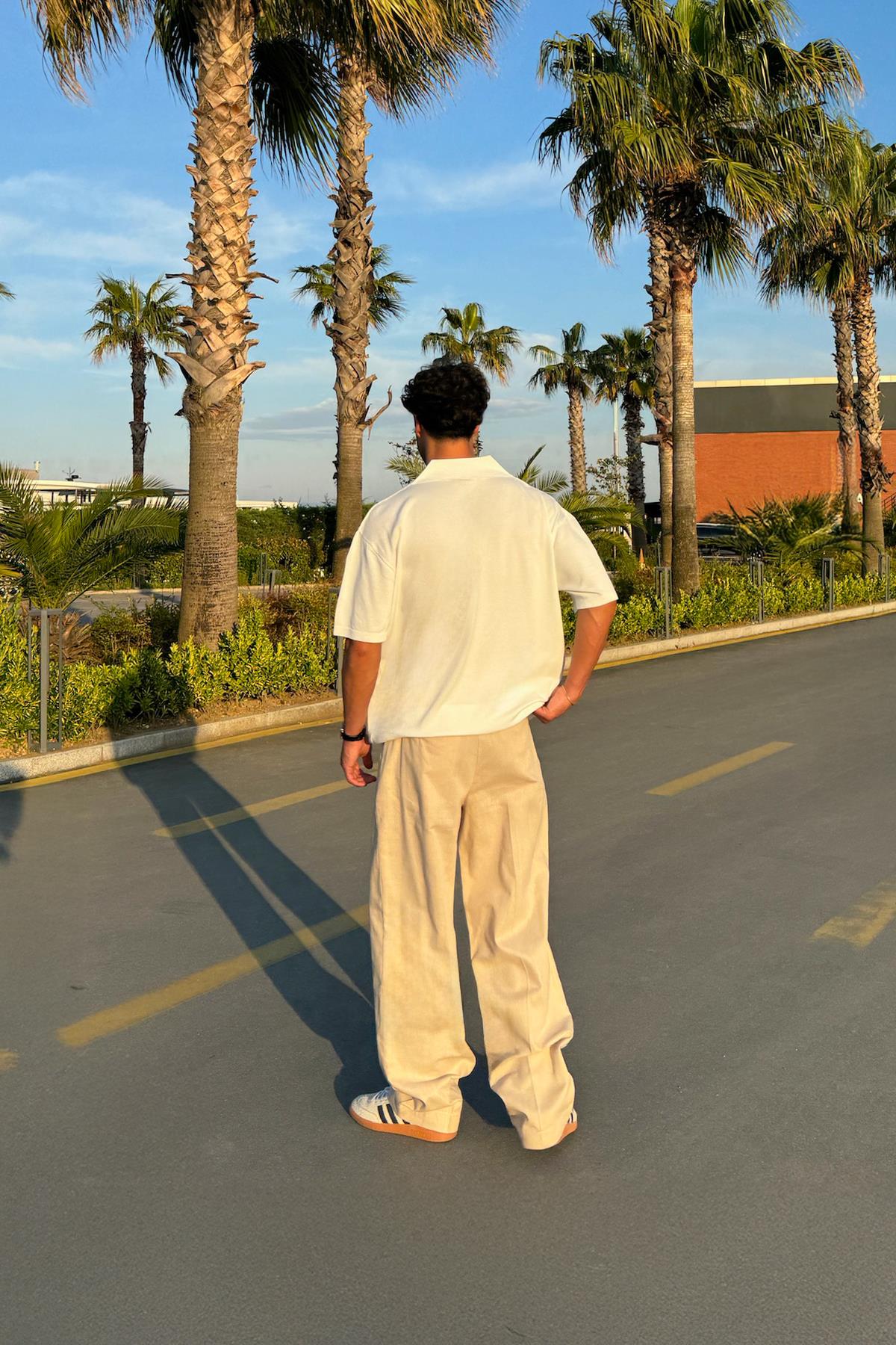 Pileli Keten Pantolon Bej