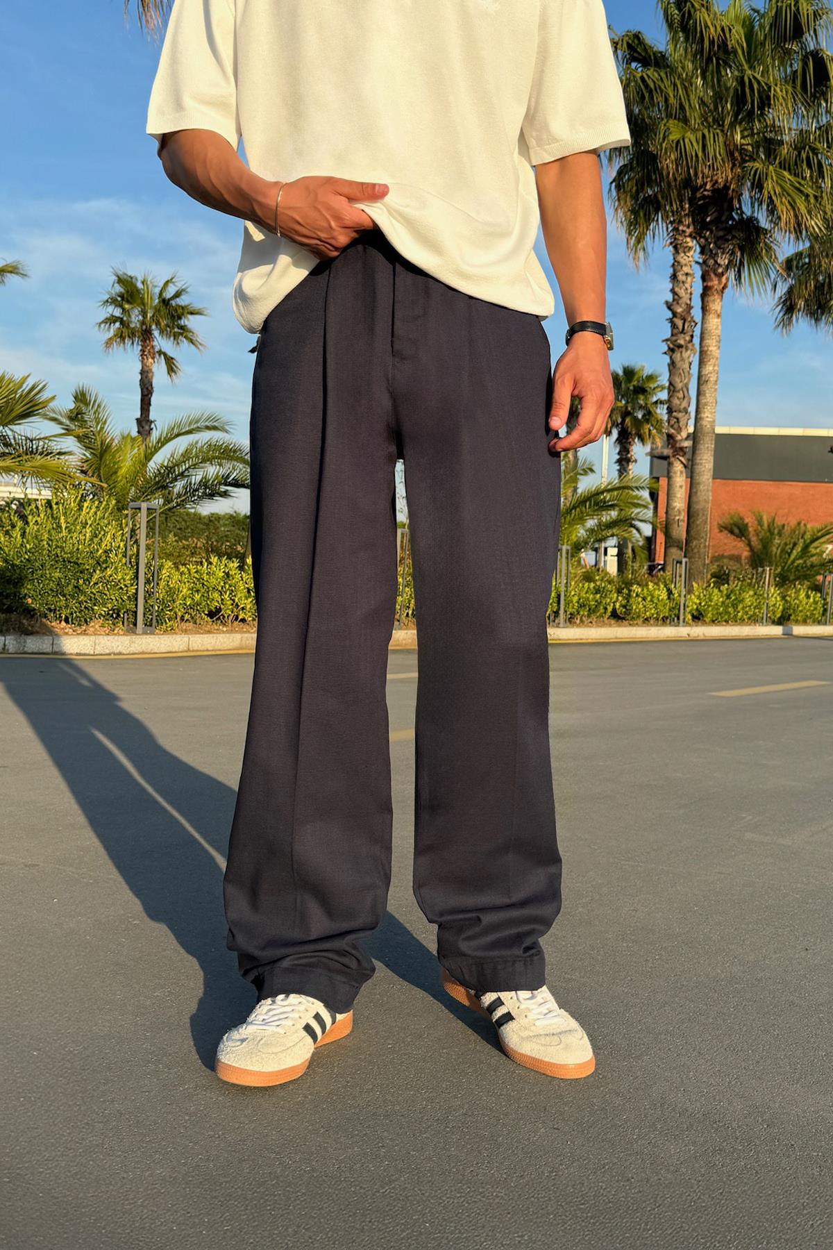 Pileli Keten Pantolon Lacivert