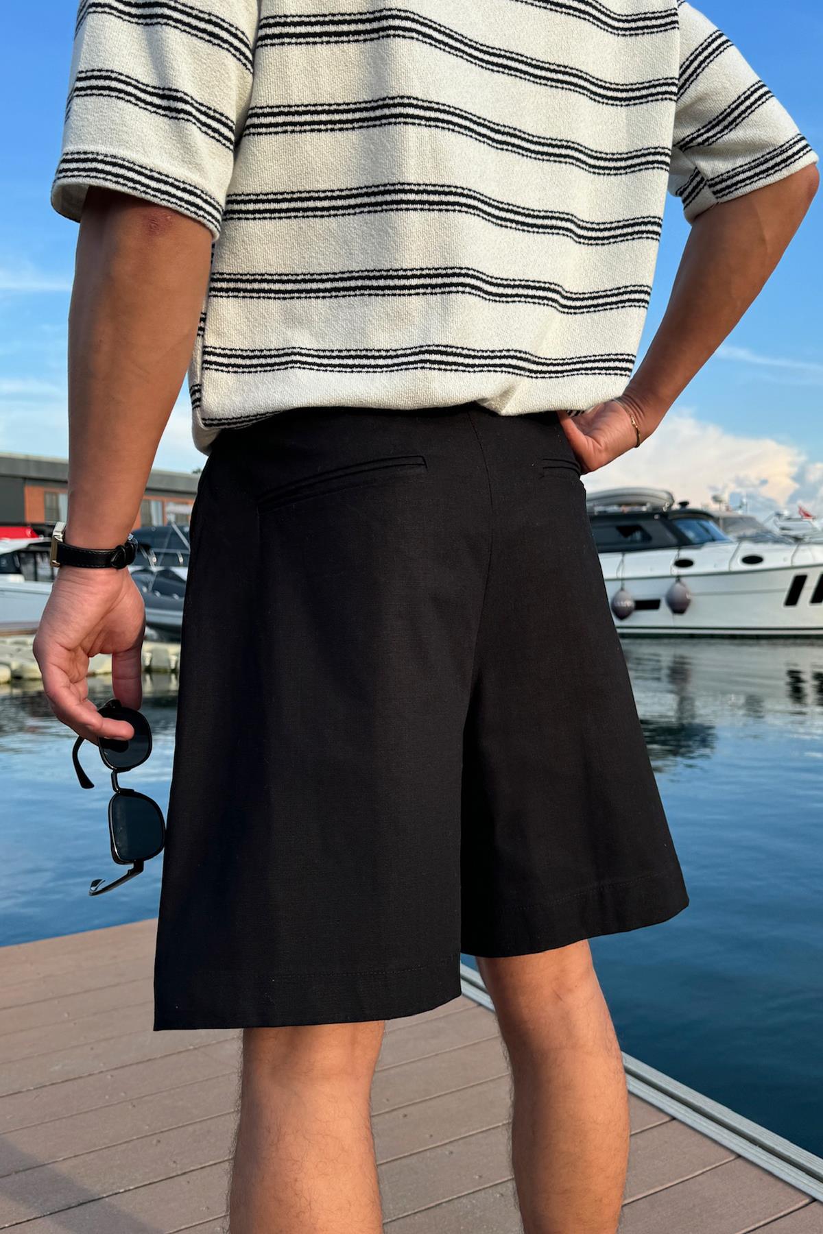 Pileli Siyah Keten Şort Siyah