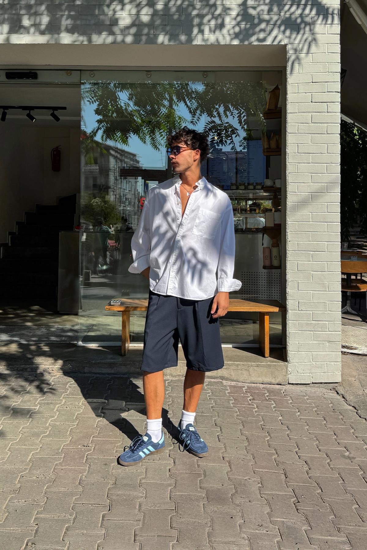 Pileli Kumaş Şort Lacivert