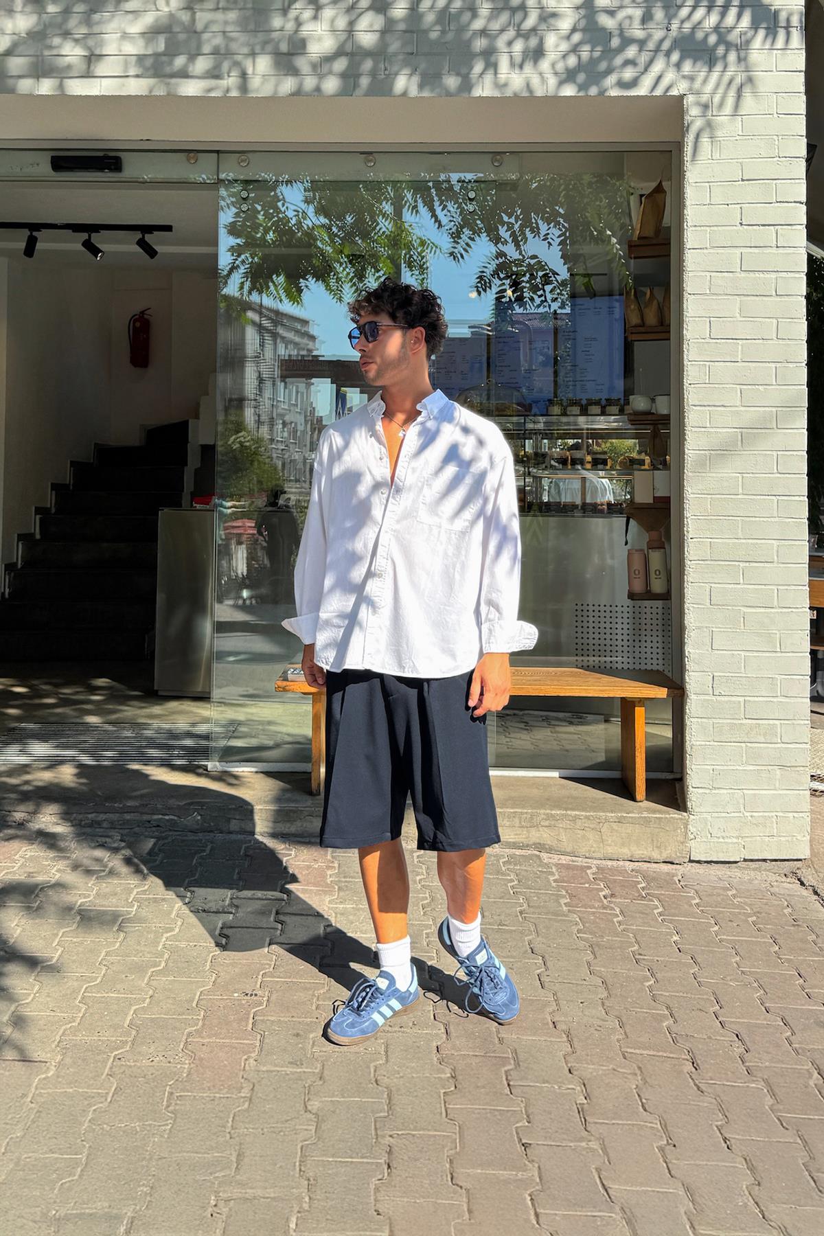 Pileli Kumaş Şort Lacivert