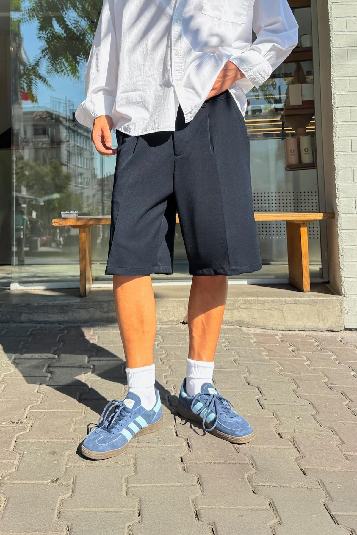 Pileli Kumaş Şort Lacivert