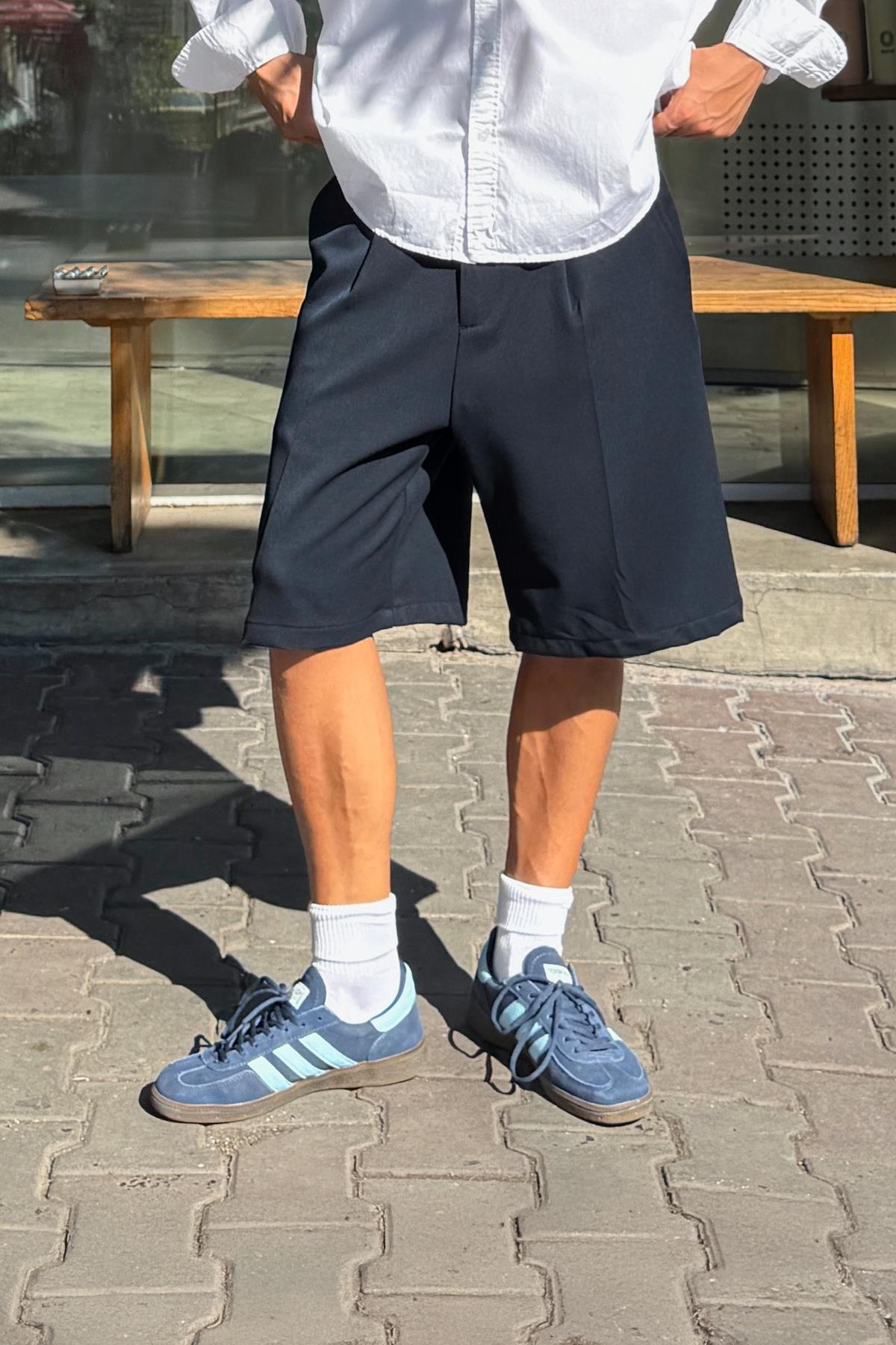 Pileli Kumaş Şort Lacivert