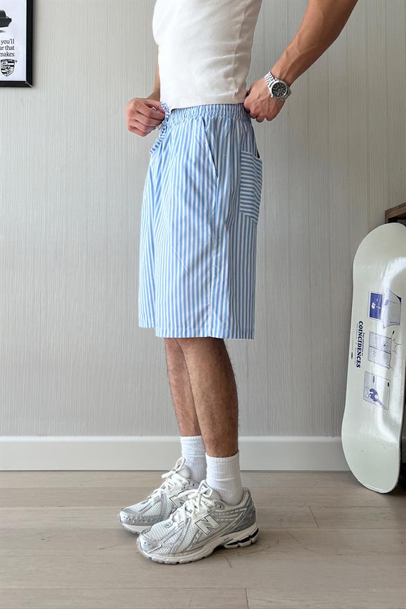 PJ Vibe İnce Çizgili Poplin Şort Mavi