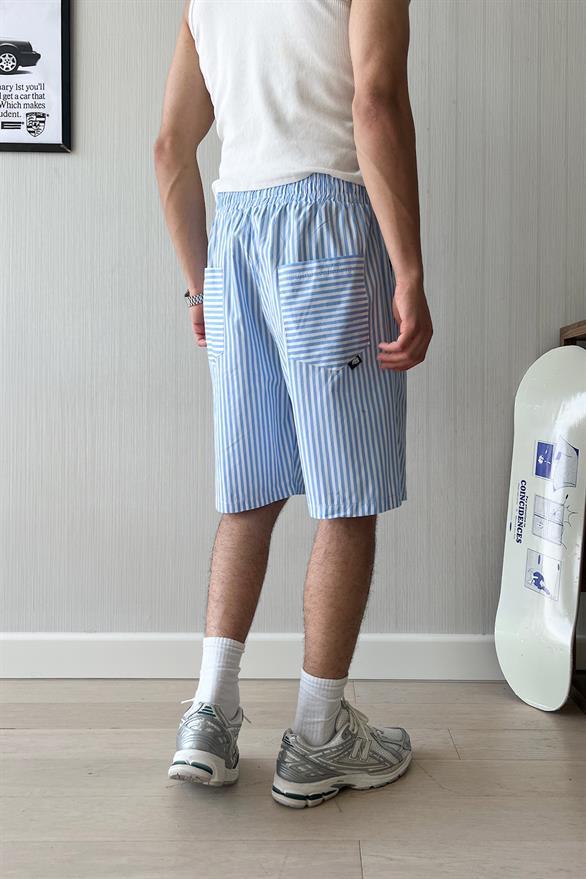 PJ Vibe İnce Çizgili Poplin Şort Mavi