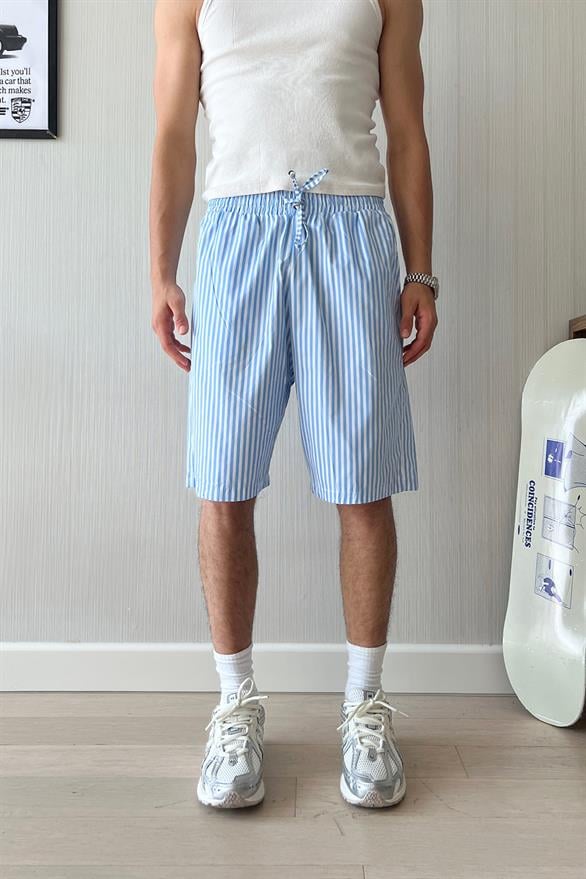 PJ Vibe İnce Çizgili Poplin Şort Mavi