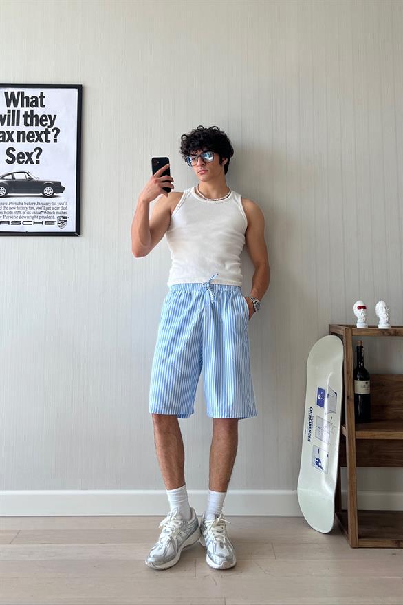 PJ Vibe İnce Çizgili Poplin Şort Mavi