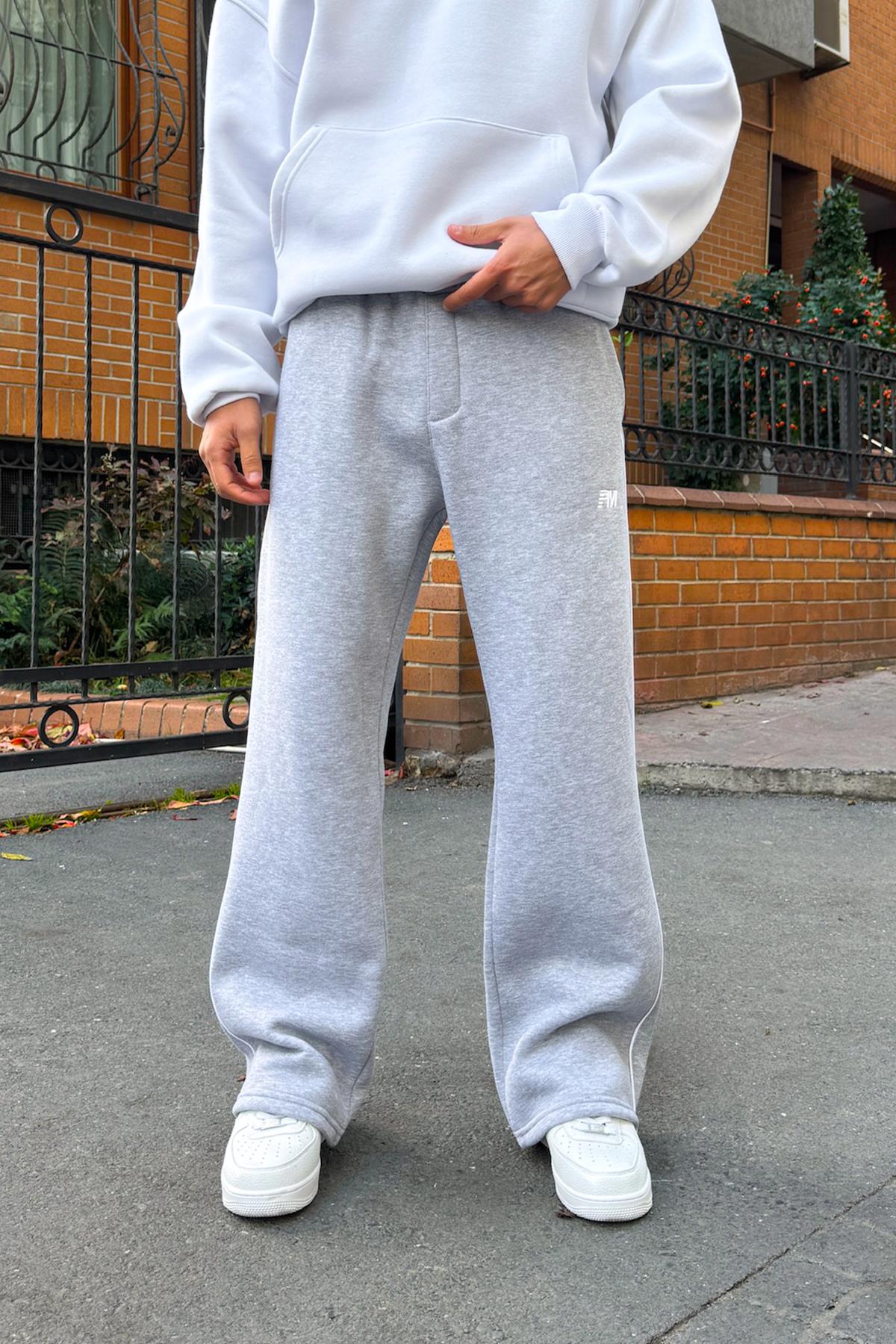 Pm Nakışlı Biyeli Eşofman Altı Gri Melanj