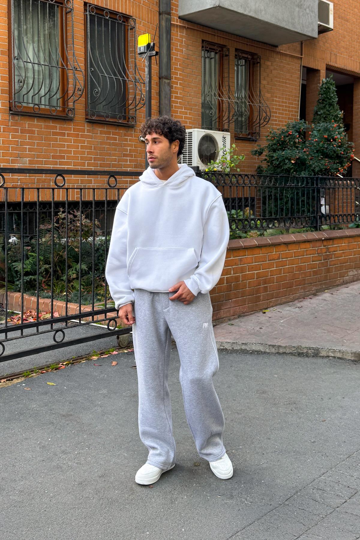 Pm Nakışlı Biyeli Eşofman Altı Gri Melanj