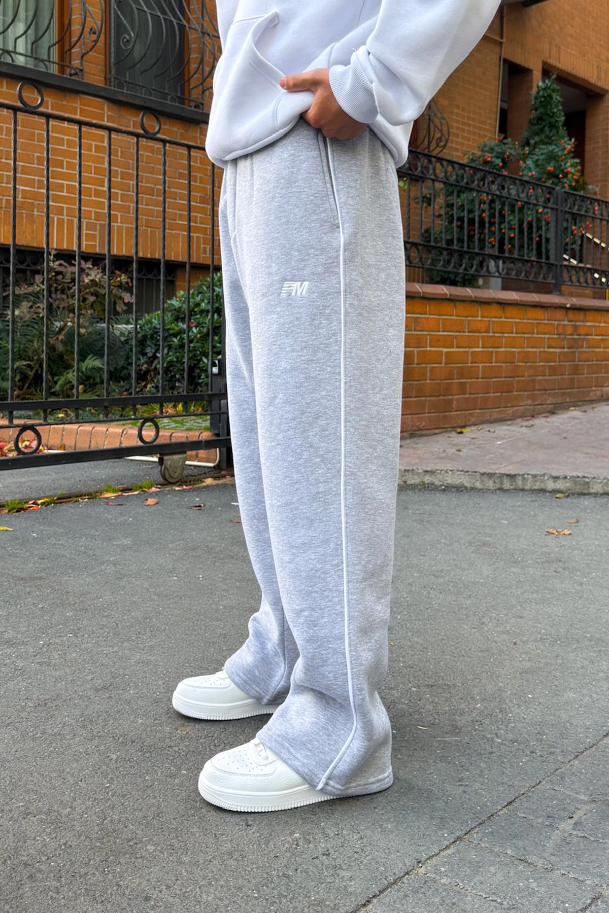 Pm Nakışlı Biyeli Eşofman Altı Gri Melanj