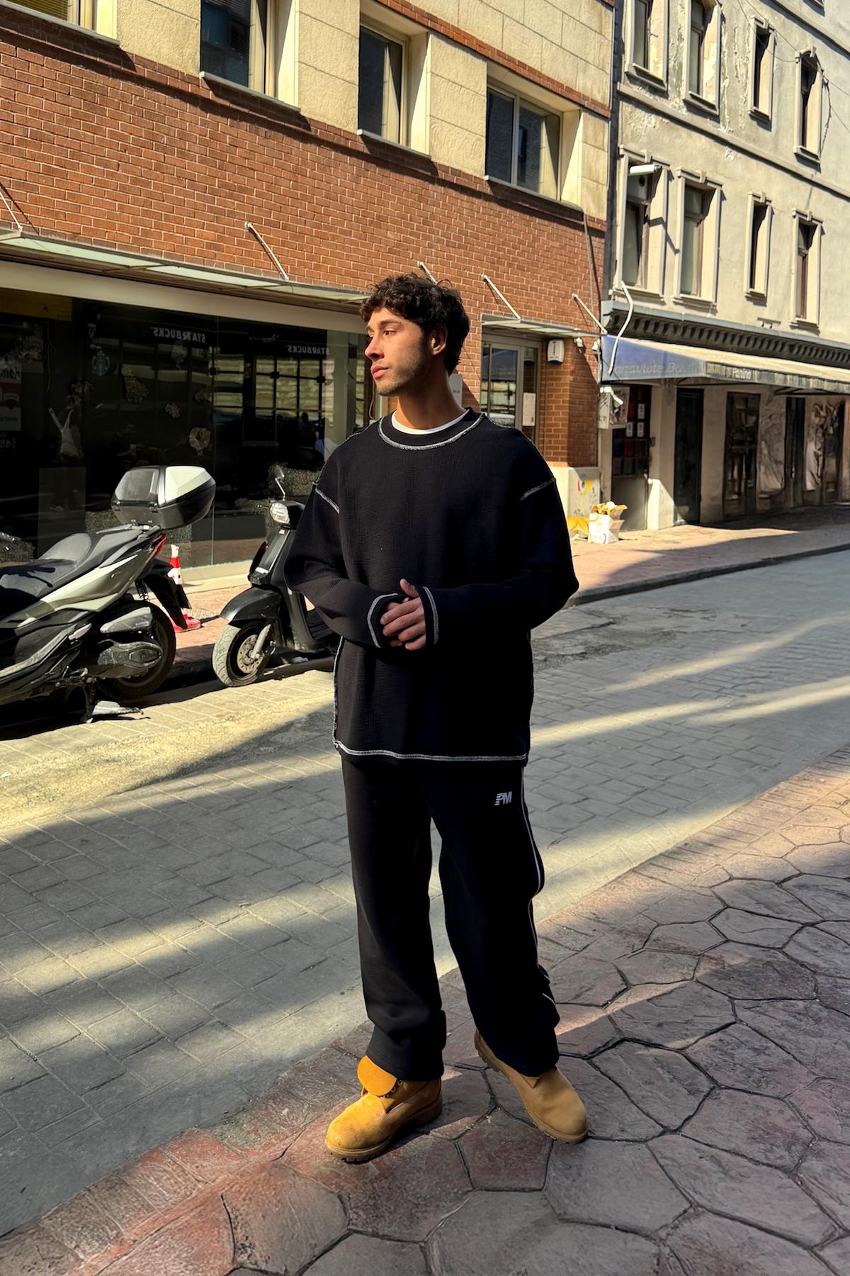 Pm Nakışlı Biyeli Eşofman Altı Siyah