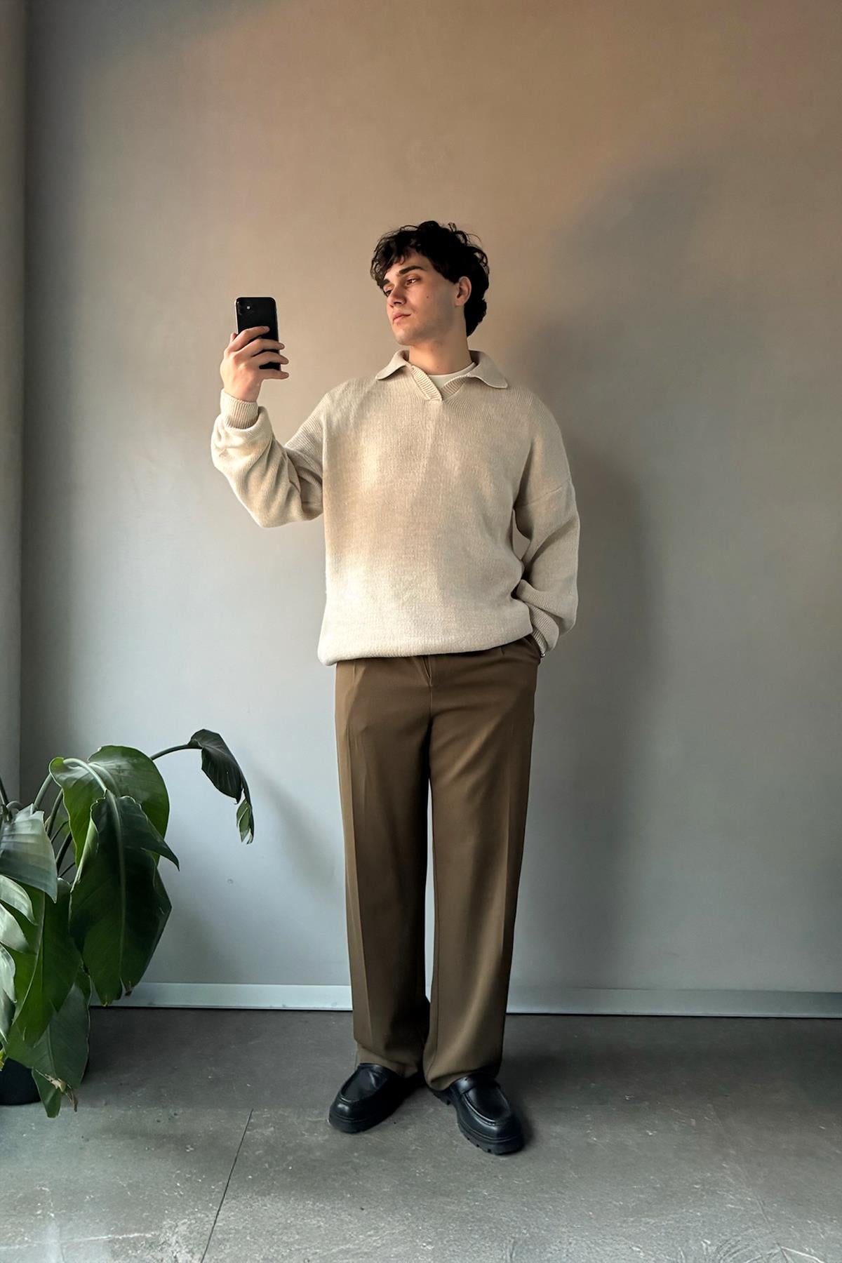 Polo Yaka Basic Taş Rengi Triko Kazak