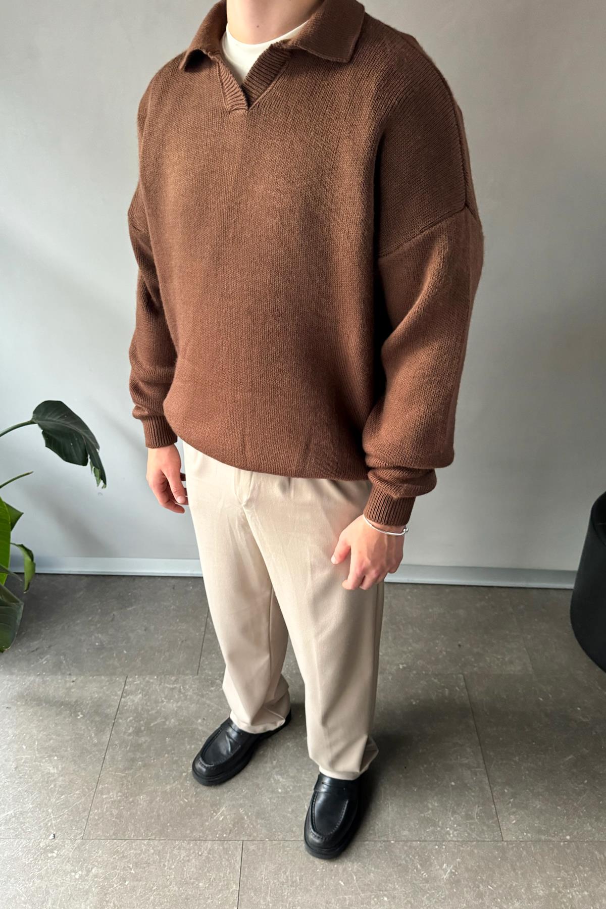 Polo Yaka Basic Kahverengi Triko Kazak
