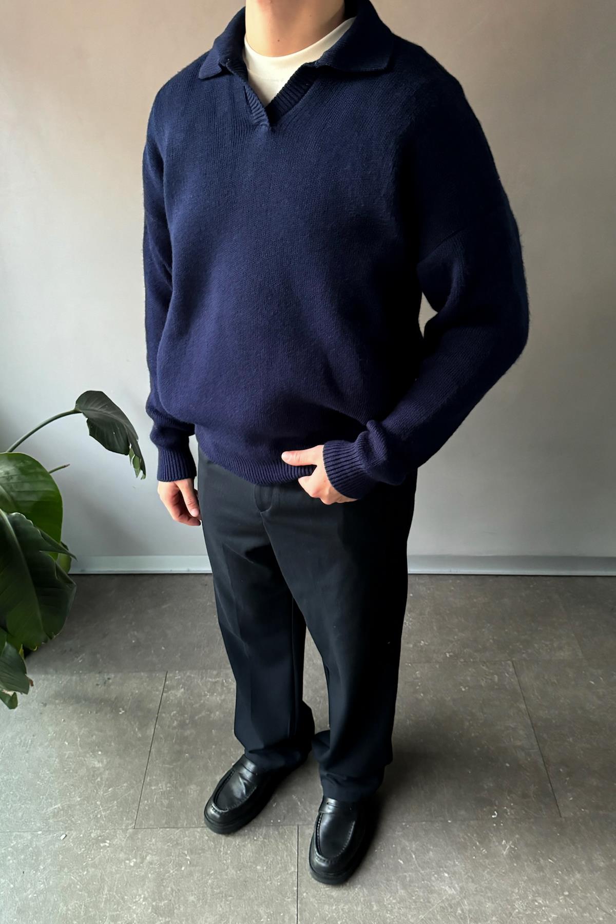 Polo Yaka Basic Lacivert Triko Kazak