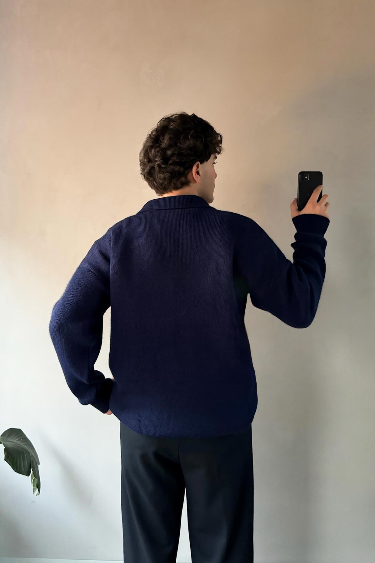Polo Yaka Basic Lacivert Triko Kazak