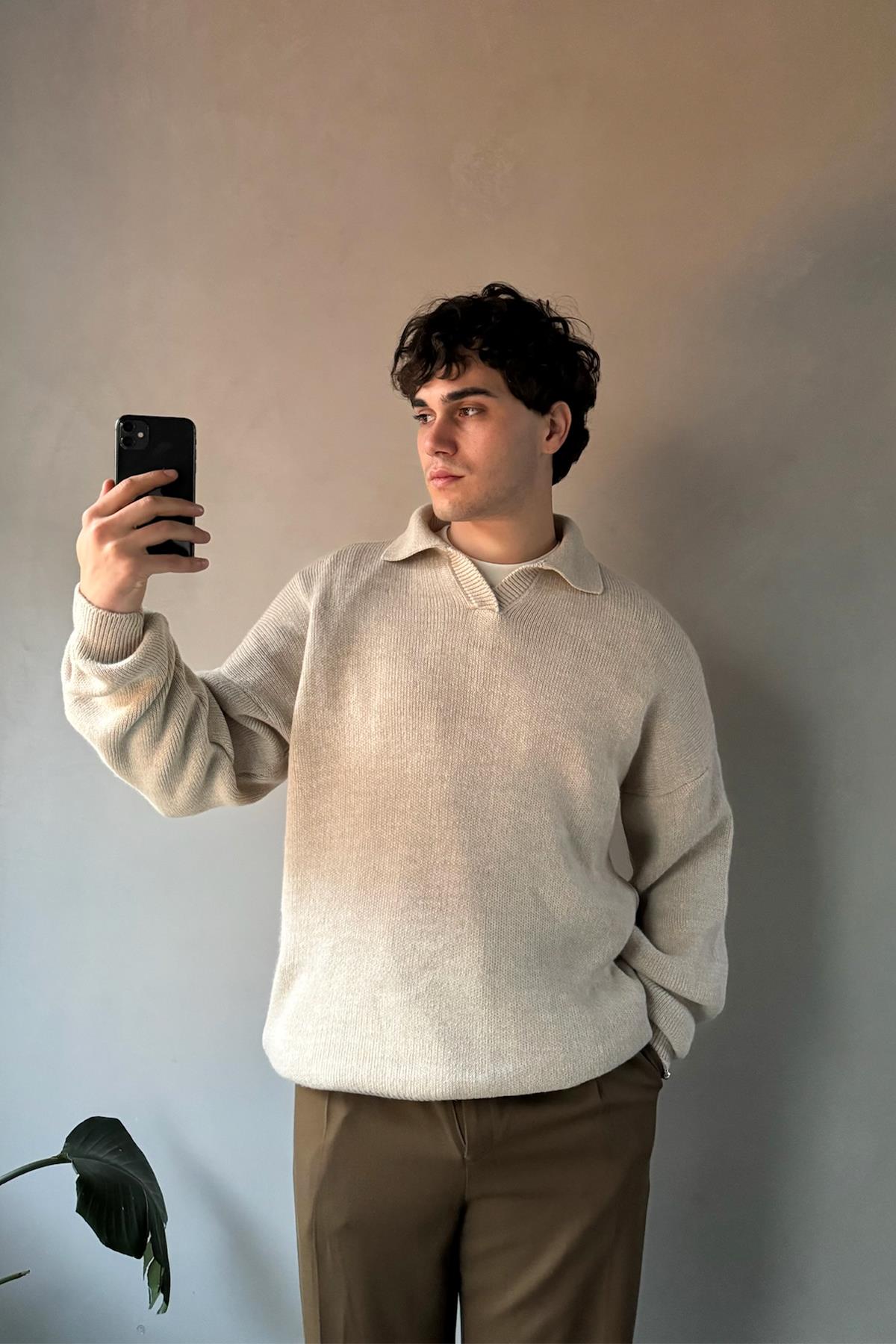 Polo Yaka Basic Taş Rengi Triko Kazak