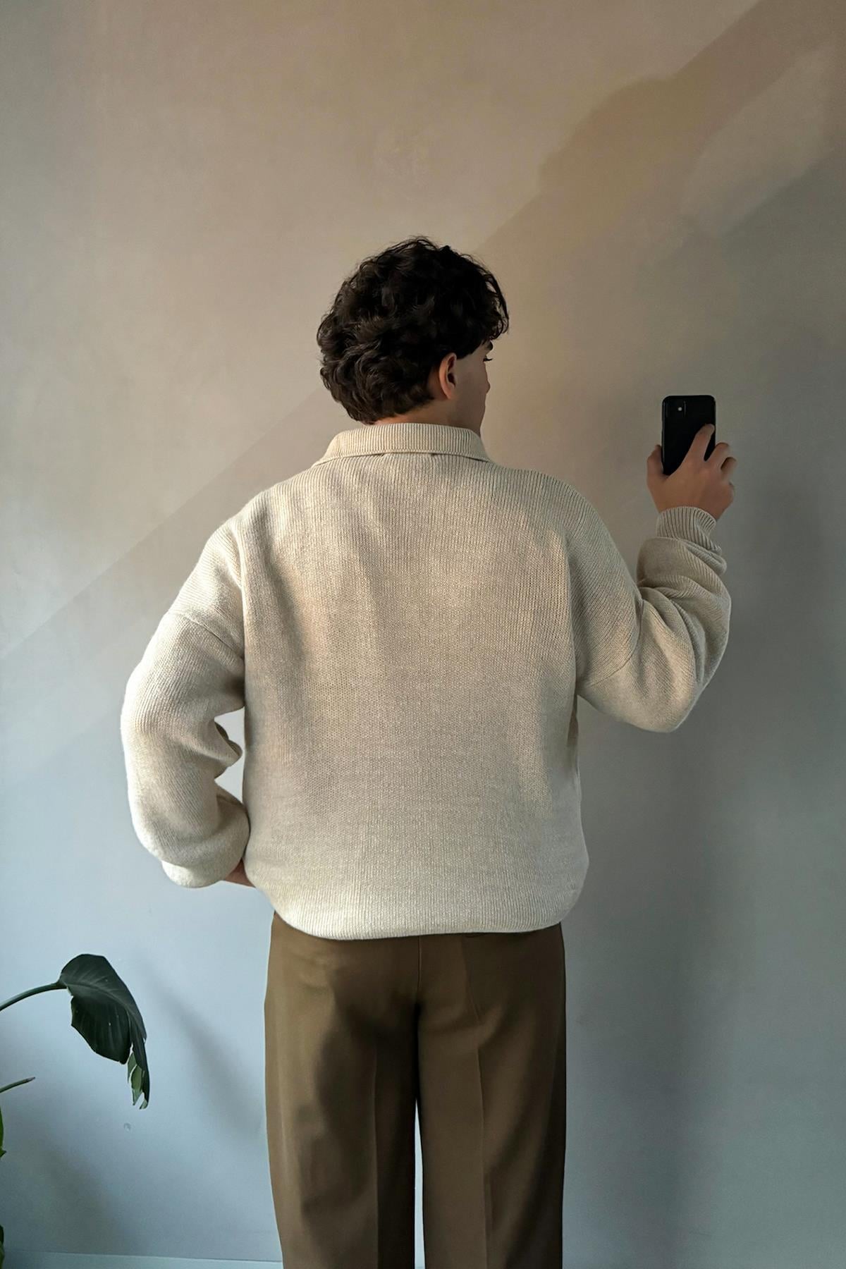 Polo Yaka Basic Taş Rengi Triko Kazak