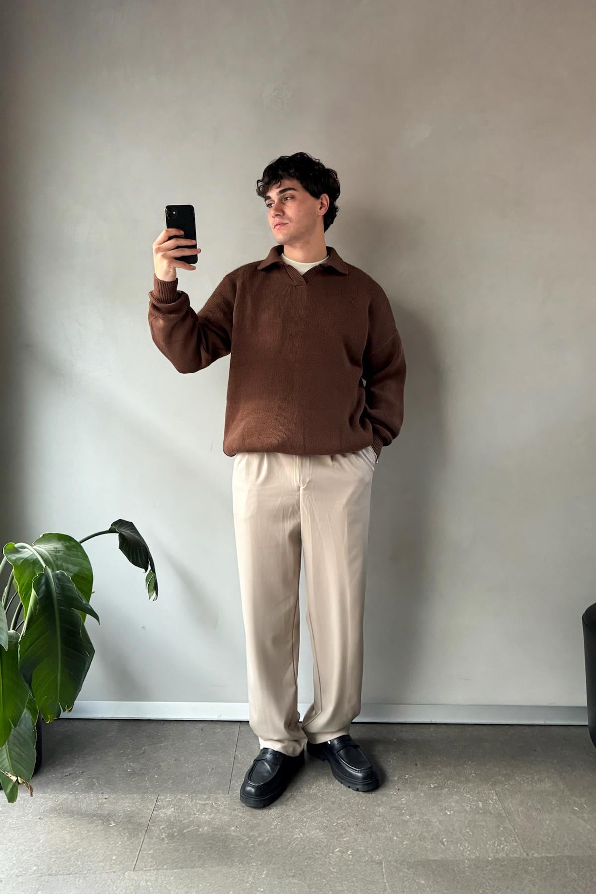 Polo Yaka Basic Kahverengi Triko Kazak